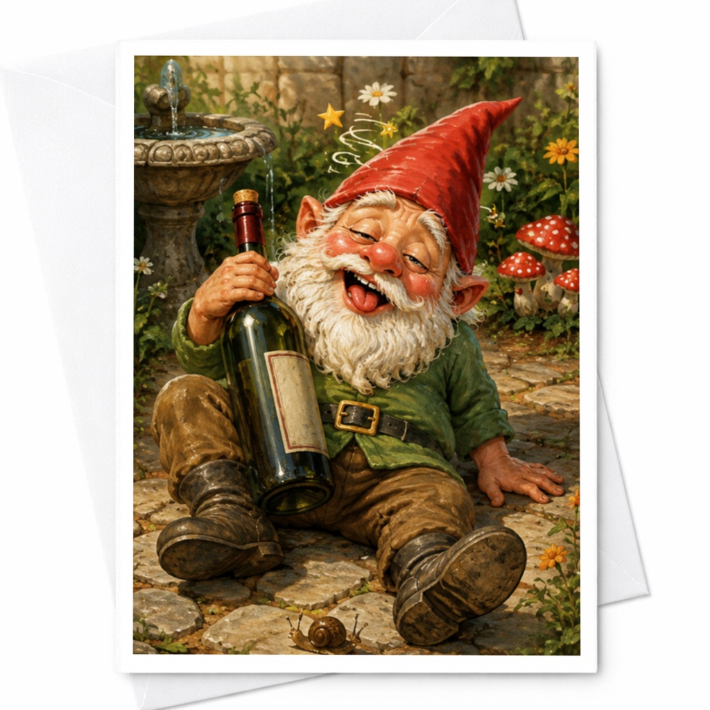 Funny Drunk Gnome Card Blank Greeting Card Garden Gnome Art For Friend Birthday Card Whimsical Wine Lover Card C4718