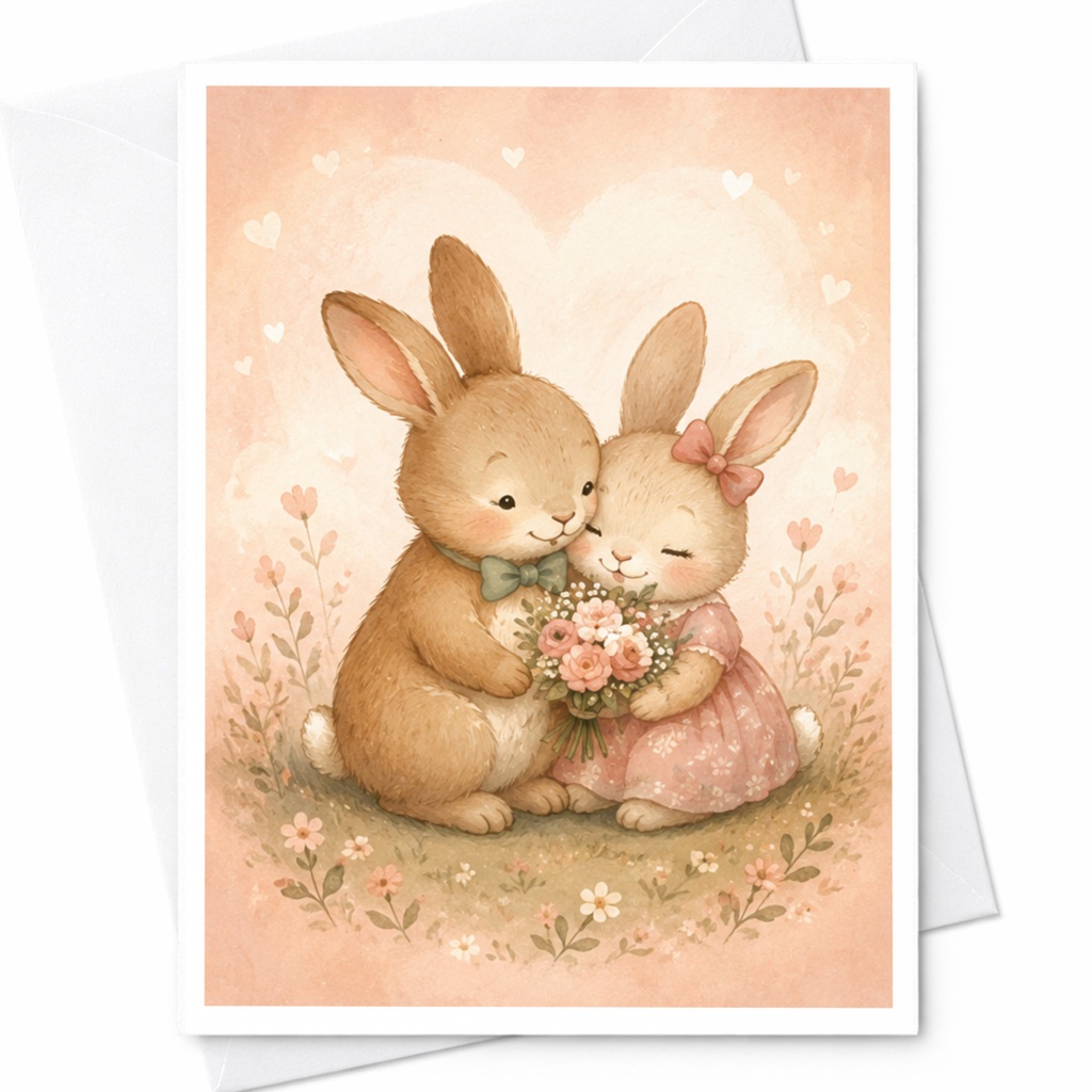 Cute Bunny Couple Love Card Romantic Animal Greeting Card For Her Anniversary Card Watercolor Floral Art Cute Couple C4719