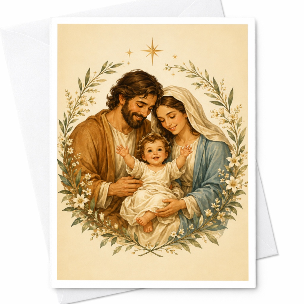 Holy Family Christmas Card Religious Greeting Card Nativity Scene For Family Spiritual Holiday Card Floral Border C4722