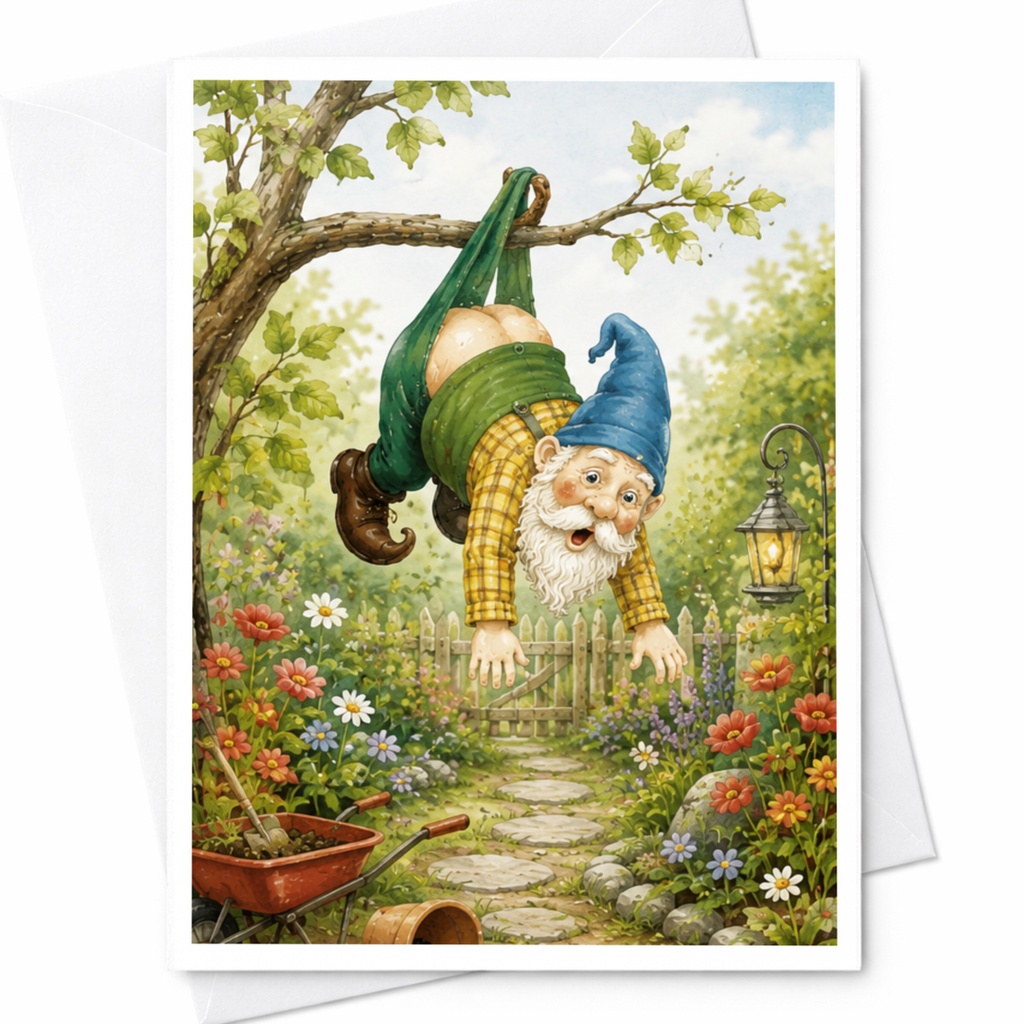 Funny Garden Gnome Blank Greeting Card Whimsical Outdoor Scene Cute Gnome Card For Garden Lover Everyday Card C4723