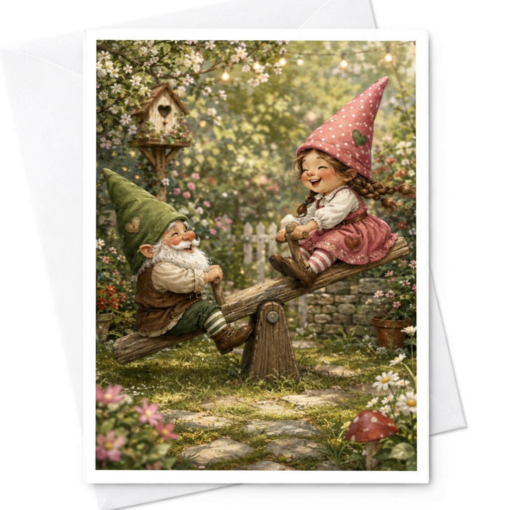 Gnome Garden Card Cute Gnomes On Seesaw Blank Greeting Card Whimsical Nature Illustration For Garden Lover Everyday Card C4730