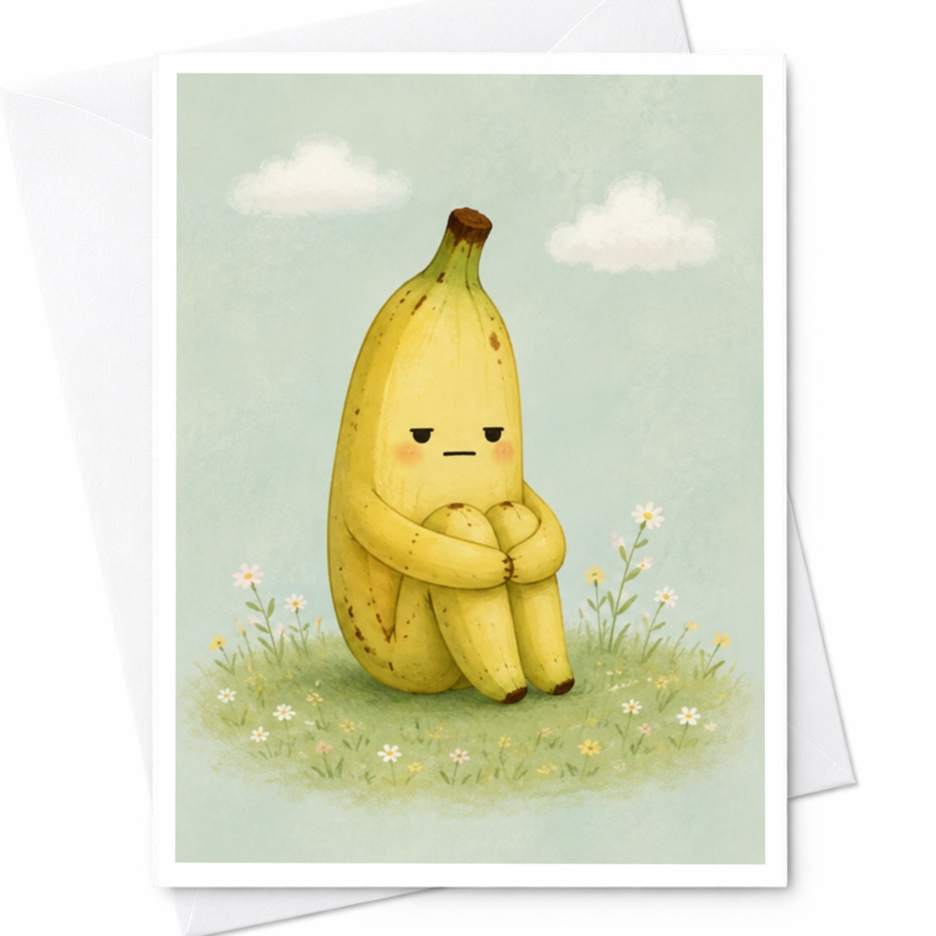 Sad Banana Illustration Blank Greeting Card Cute Funny Fruit Art Everyday Card For Friend Whimsical Card C4734