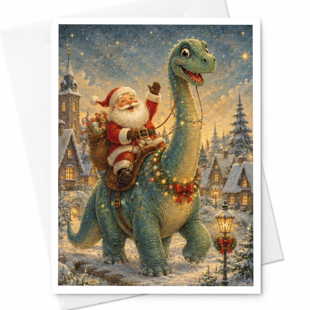 Santa Riding Dinosaur Christmas Card Festive Holiday Greeting Card Cute Winter Scene For Kids Family Fun Unique Xmas Card C4688