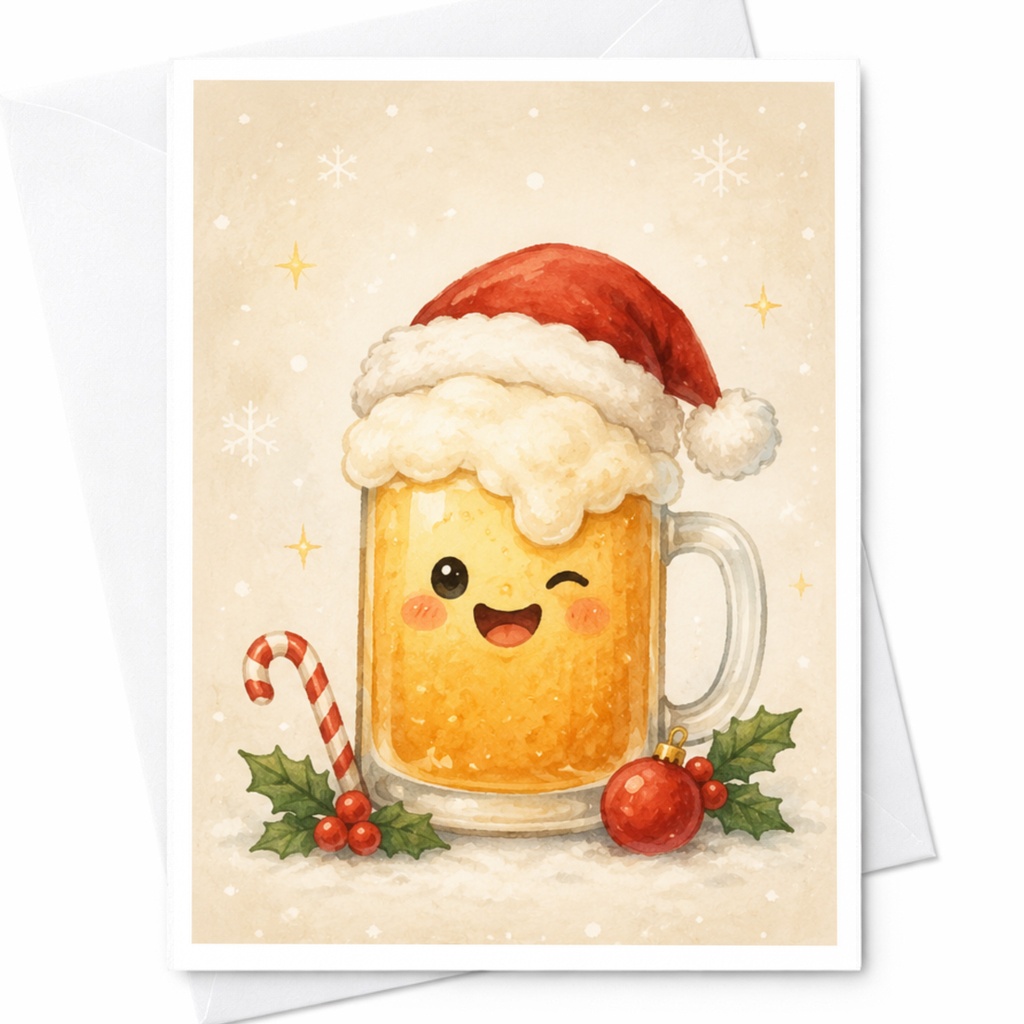 Cute Beer Mug Christmas Card Santa Hat Holiday Greeting Card For Beer Lover Festive Cheerful With Candy Cane C4690