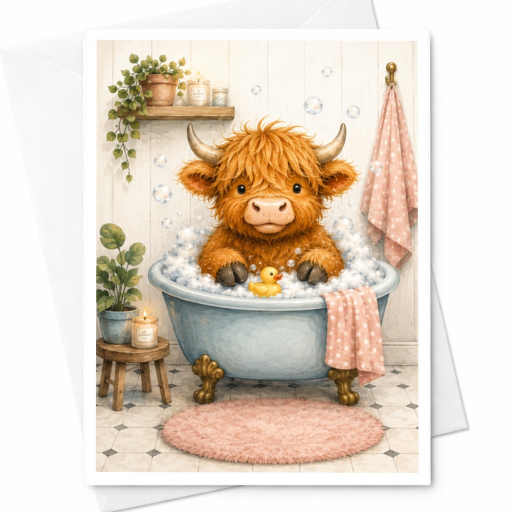Highland Cow Bath Time Card Cute Animal Blank Greeting Card For Kids Fun Everyday Card Adorable Farm Animal Lover C4739