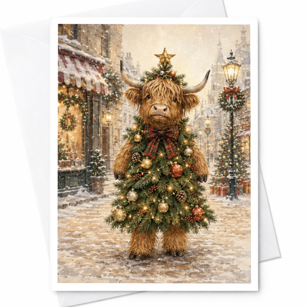 Highland Cow Christmas Tree Card Cute Holiday Greeting Card Festive Animal For Christmas Lovers Winter Scene C4695