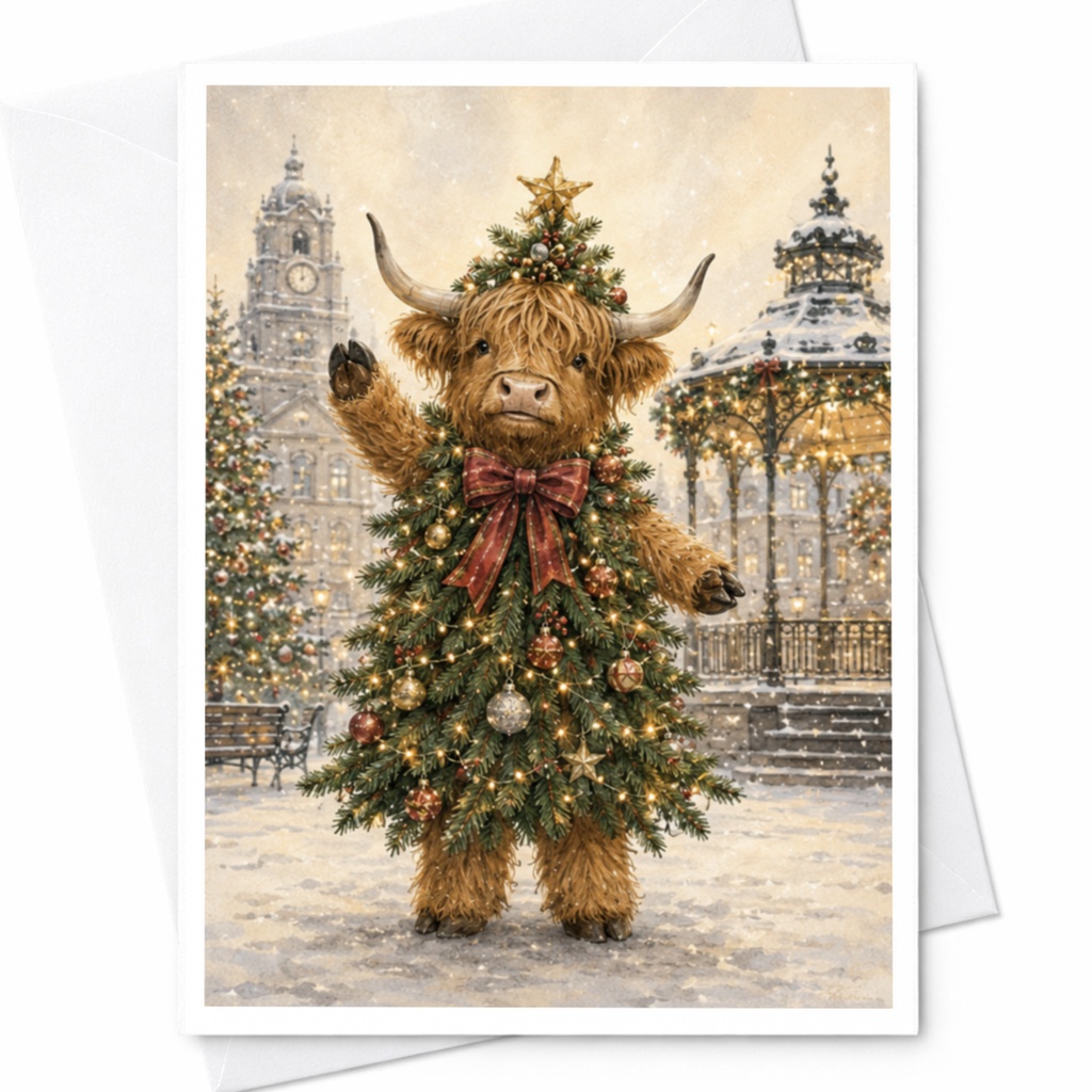 Highland Cow Christmas Tree Card Cute Holiday Greeting Card For Animal Lover Festive Winter Scene Christmas Card C4696