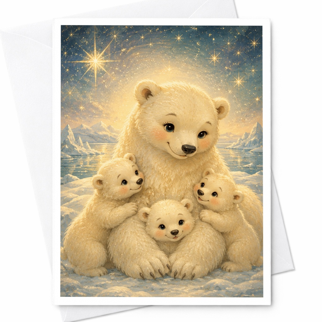 Polar Bear Family Christmas Card Cute Animal Greeting Card Winter Holiday Card For Kids Family Adorable Arctic Scene C4699
