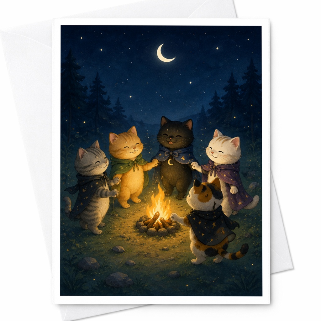 Cats Around Campfire Card Cute Animal Blank Greeting Card For Cat Lover Whimsical Night Scene Everyday Card For Friend C4744