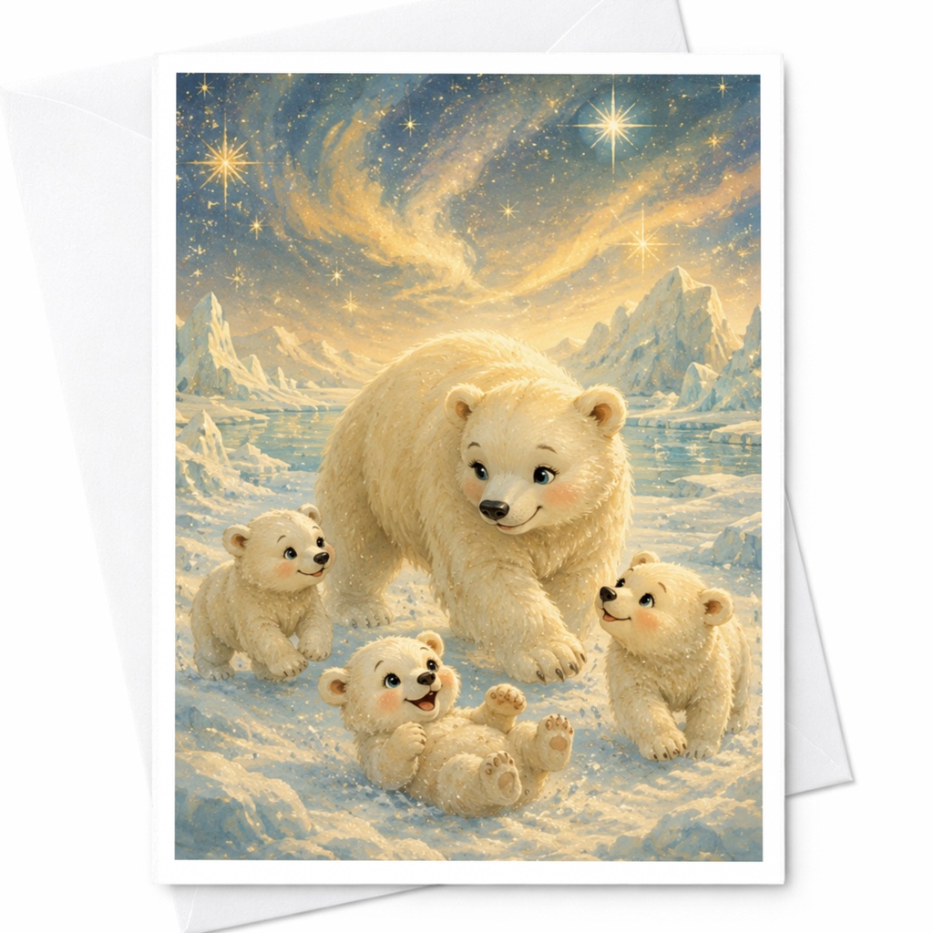 Polar Bear Family Card Cute Animal Greeting Card Blank Note Card For Nature Lover Winter Scene Wildlife Art Card C4700