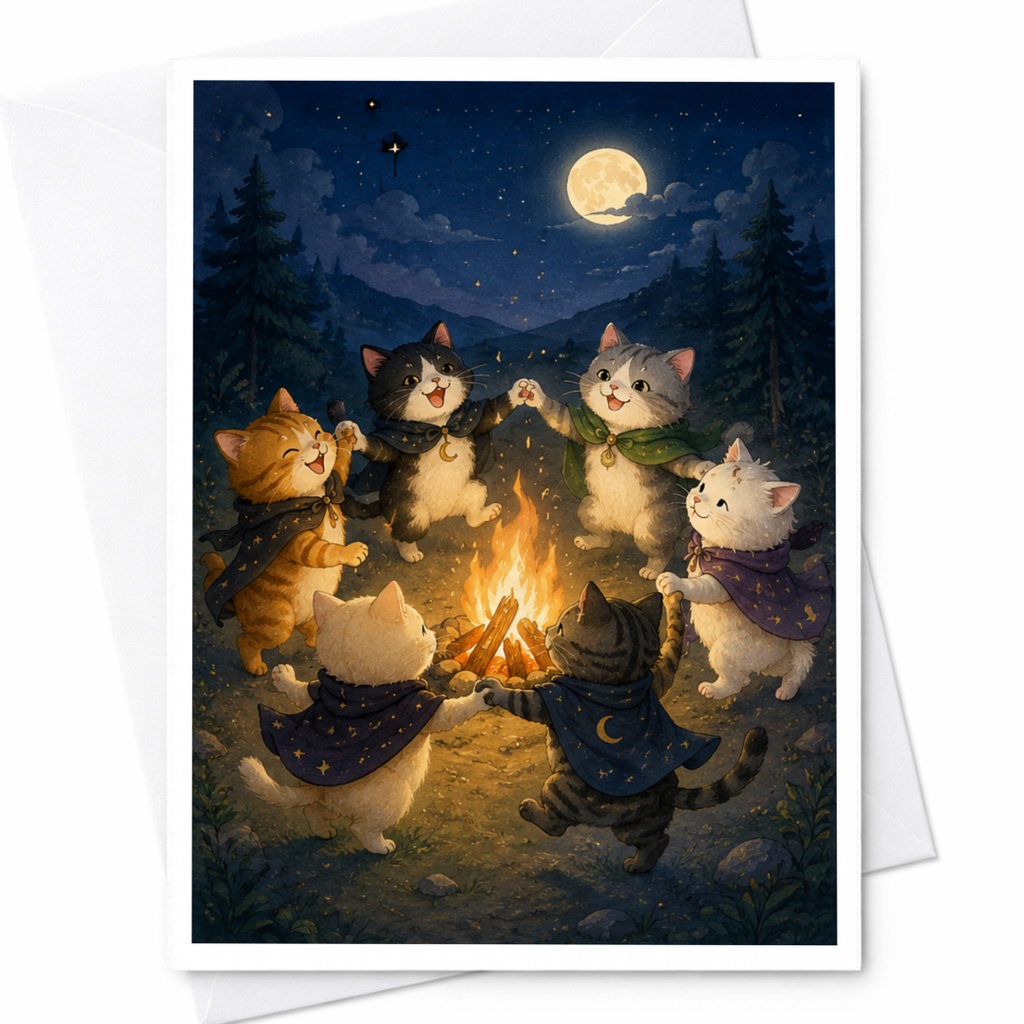 Cats Around Campfire Blank Greeting Card Cute Animal Card For Cat Lover Whimsical Night Scene Everyday Card Friendship C4745