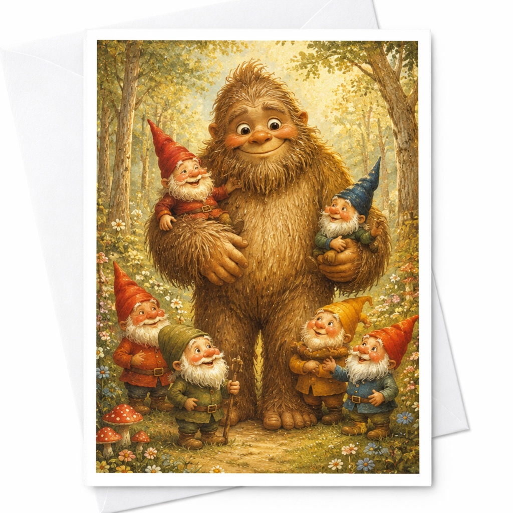 Bigfoot And Gnomes Greeting Card Whimsical Forest Scene Blank Card For Nature Lovers Cute Fantasy Art Card C4701