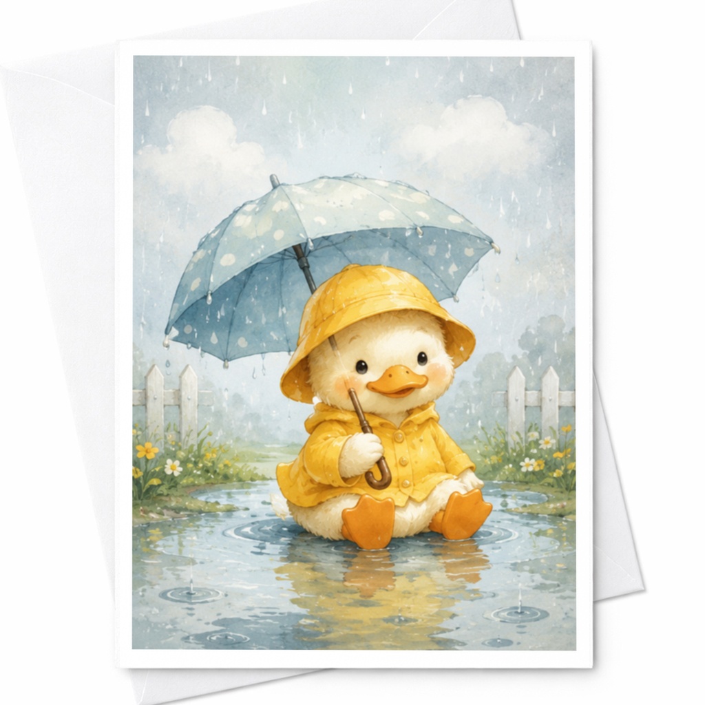 Cute Duckling With Umbrella Blank Greeting Card Adorable Animal Card For Kids Watercolor Art Everyday Card For Friend C4705