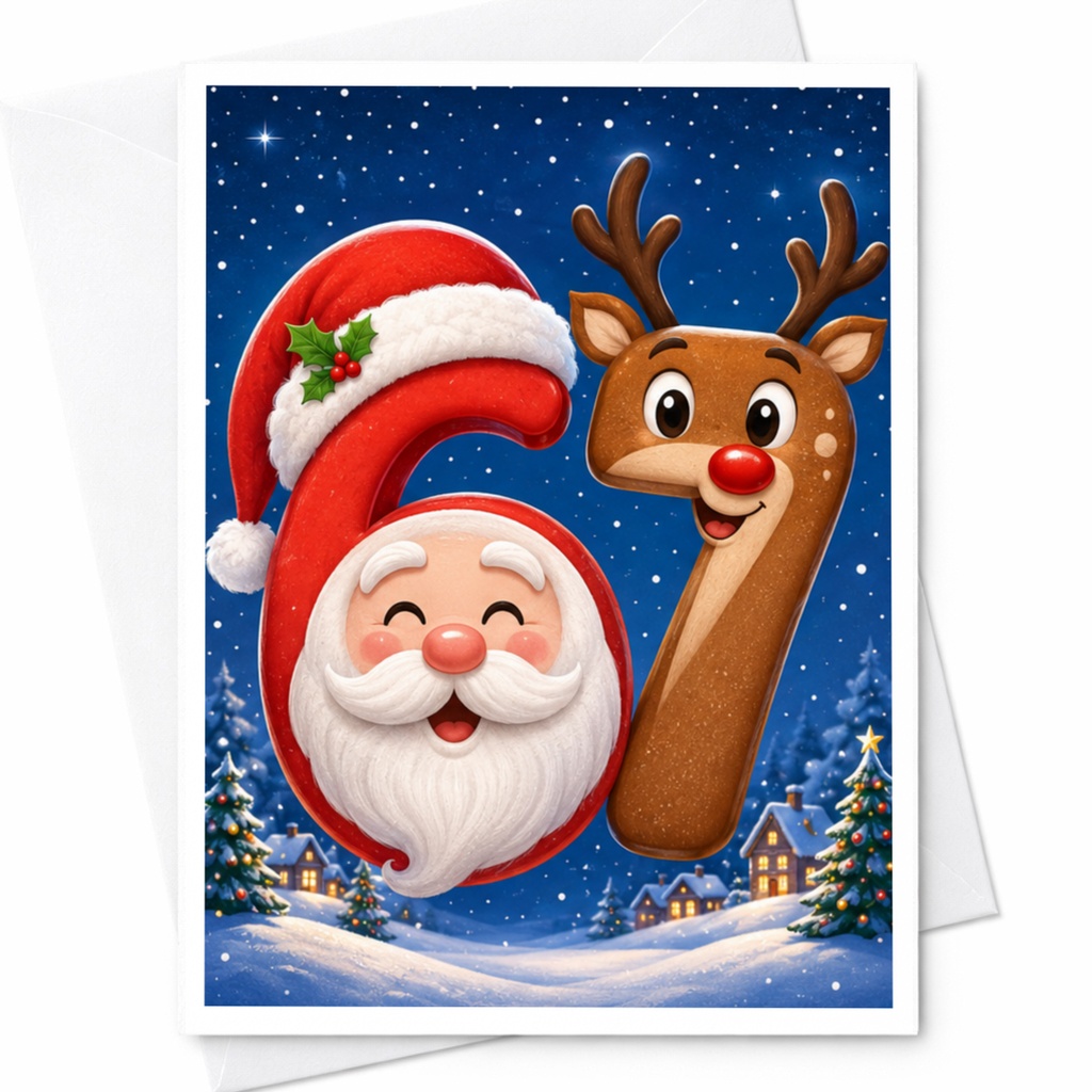 67 Santa And Reindeer Christmas Card Festive Holiday Greeting Card Cute Santa Claus And Rudolph Winter Wonderland Scene C4750