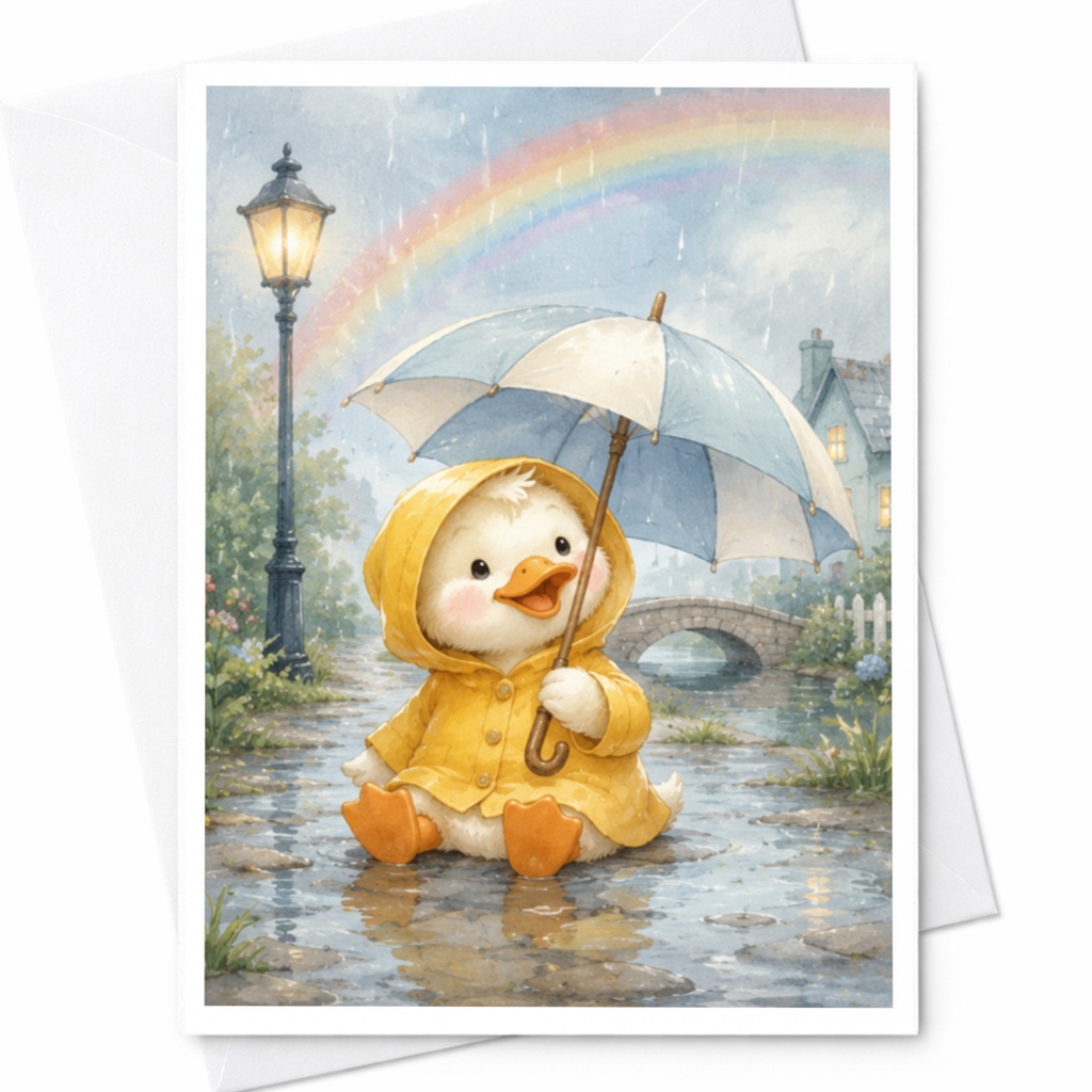 Cute Duck With Umbrella Blank Greeting Card Adorable Animal Card For Kids Watercolor Art Everyday Card For Friend C4706