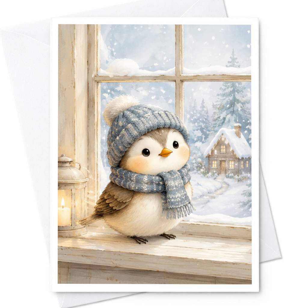 Cute Winter Bird Christmas Card Adorable Holiday Greeting Card For Bird Lover Cozy Winter Scene Snowy Cottage C4709