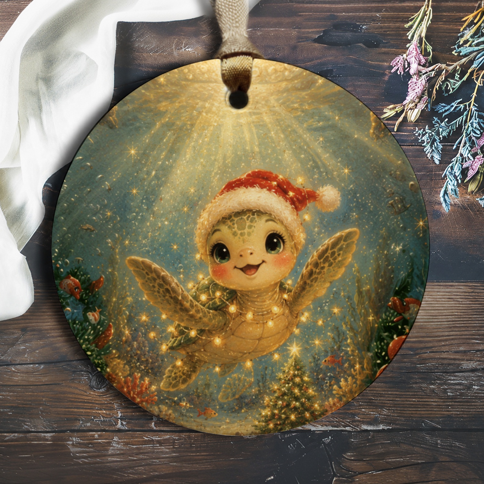 Cute Turtle Christmas Ornament Underwater Santa Hat Holiday Decor Adorable Sea Animal Festive Tree Decoration Gift O690