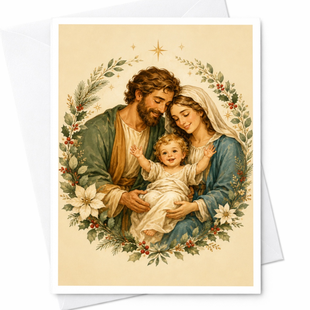 Holy Family Christmas Card Religious Greeting Card Nativity Scene With Floral Wreath For Holiday Season Spiritual Art C4721