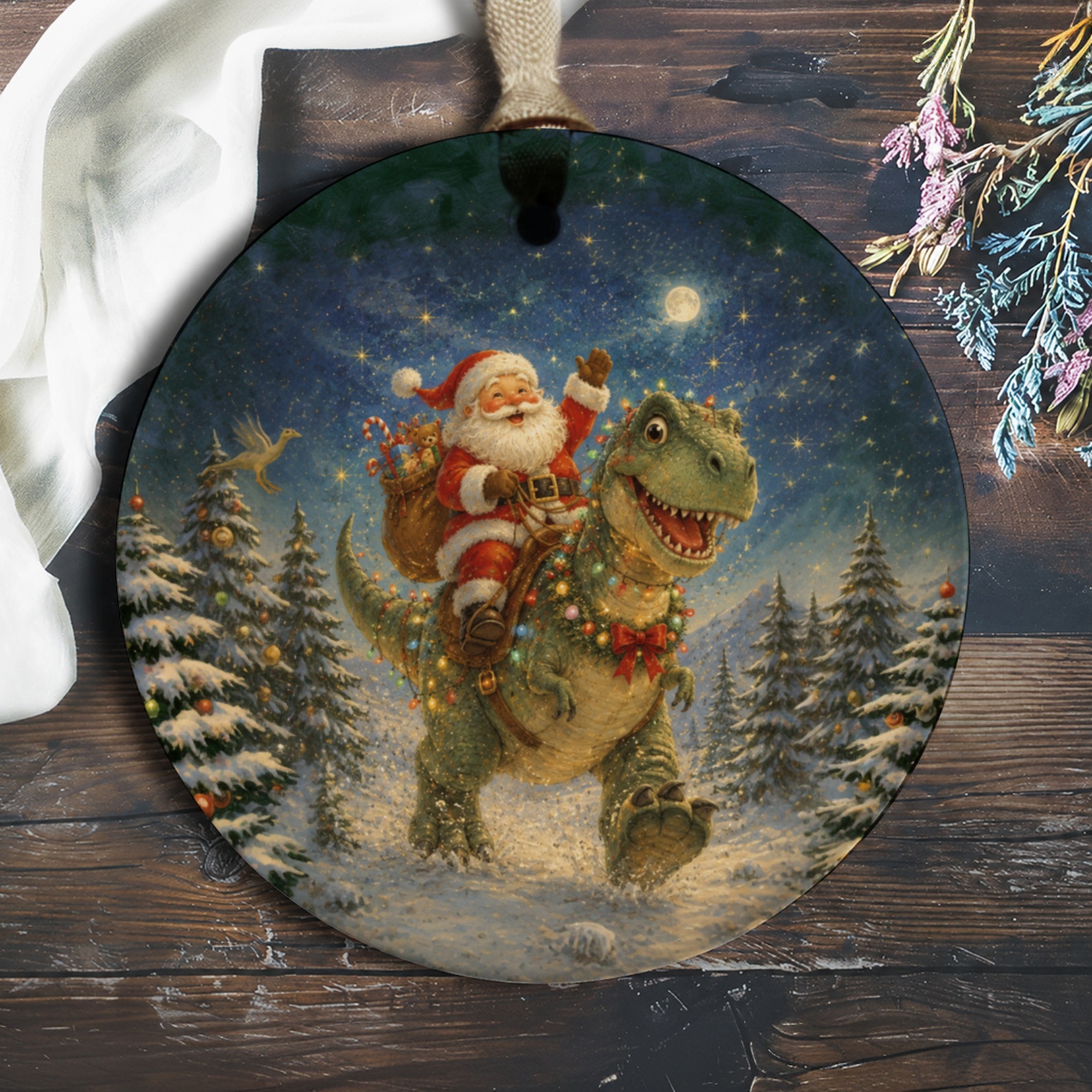 Santa Riding Dinosaur Ornament Christmas Tree Decoration Festive Holiday Decor Unique Santa Claus Dino Winter Wonderland O694
