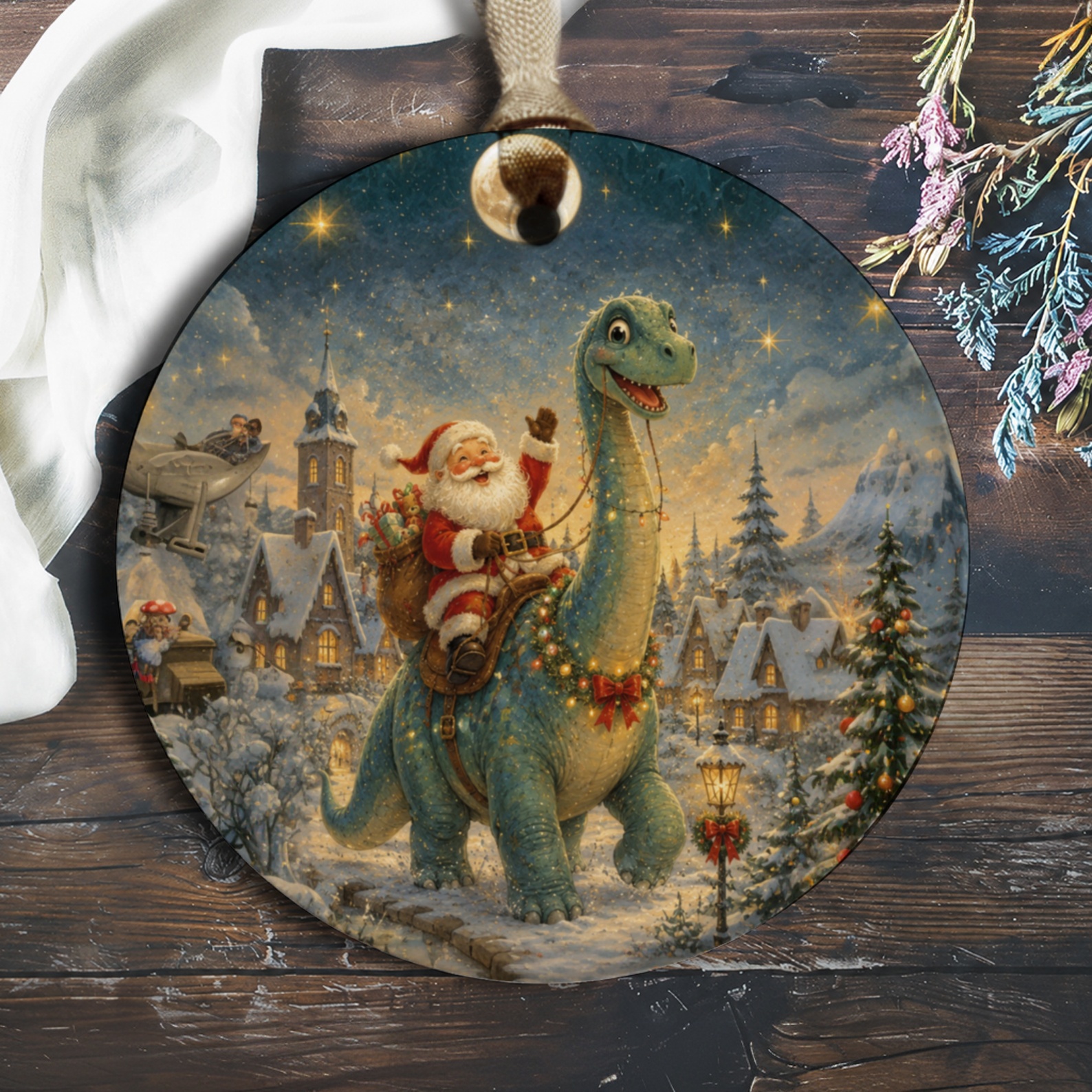 Santa Riding Dinosaur Christmas Ornament Festive Holiday Decor Cute Winter Scene For Kids Family Christmas Tree Decoration O695