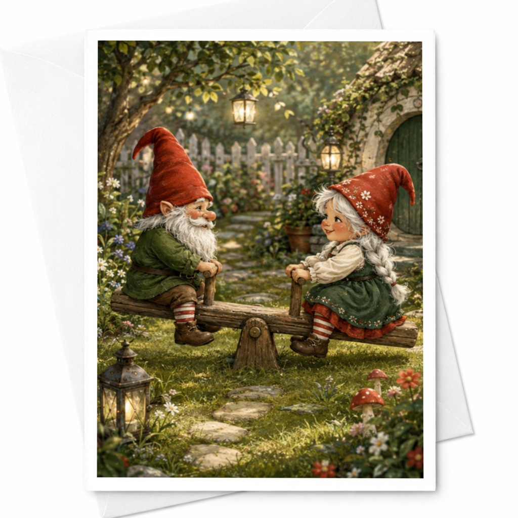 Gnome Garden Card Cute Gnomes On Seesaw Blank Greeting Card Whimsical Garden Scene For Friend Nature Lover Everyday Card C4729