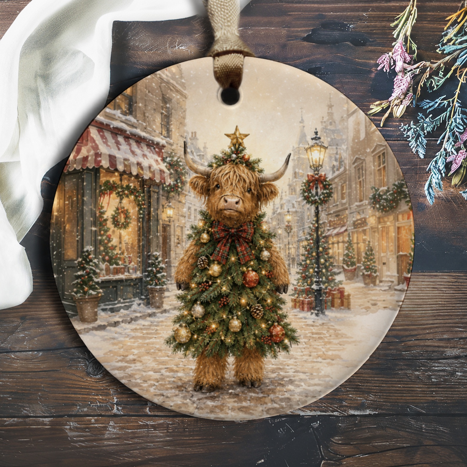 Highland Cow Christmas Tree Ornament Cute Holiday Decor Rustic Farmhouse Style Winter Decoration Animal Lover Gift O702