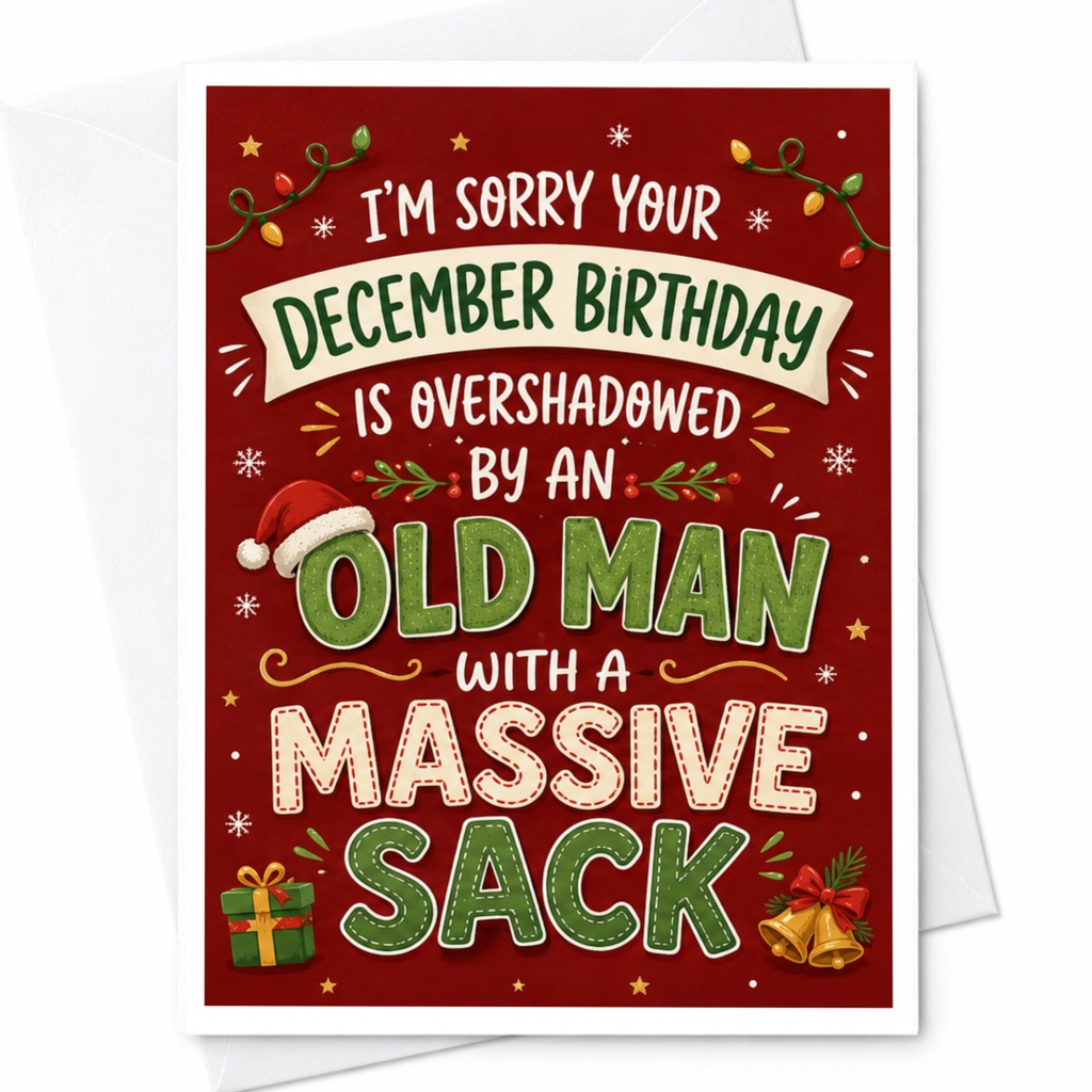 I'm Sorry Your December Birthday Is Overshadowed By An Old Man With A Massive Sack Funny Birthday Card Christmas For Friend C4738