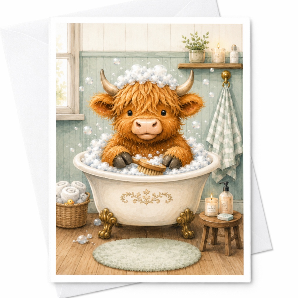 Highland Cow Bath Time Card Cute Animal Blank Greeting Card For Her Funny Everyday Card Adorable Cow Lover Gift C4740