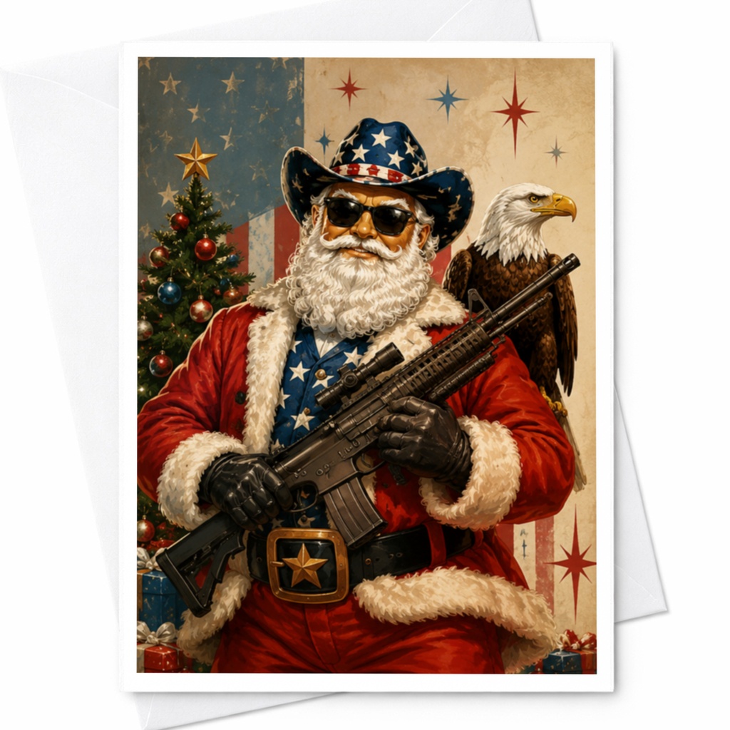 Patriotic Santa Christmas Card Funny Holiday Greeting Card With Rifle And Eagle American Flag Theme For Him Or Her C4742