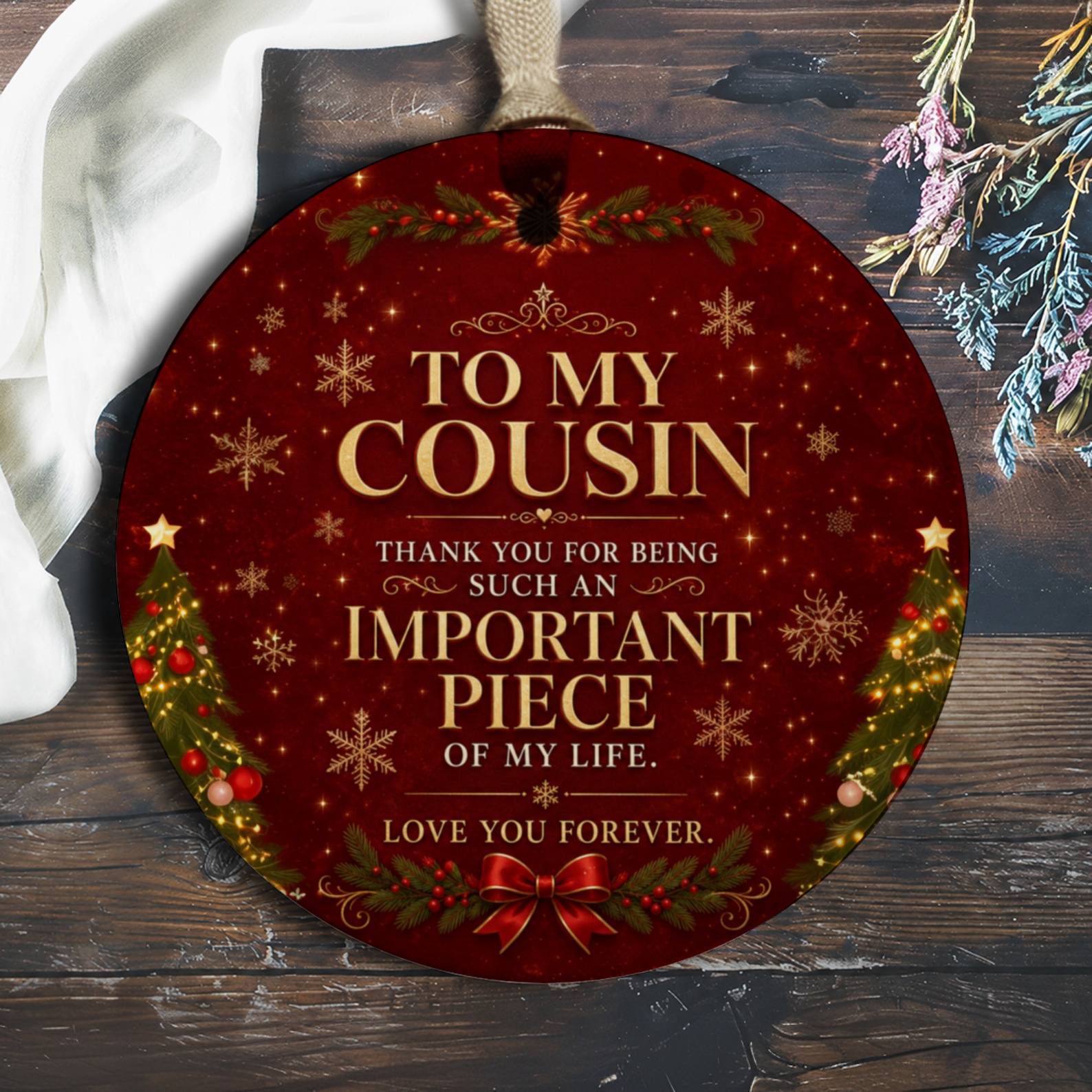 To My Cousin Christmas Ornament Thank You For Being Important Piece Of My Life Love You Forever Holiday Decoration O712