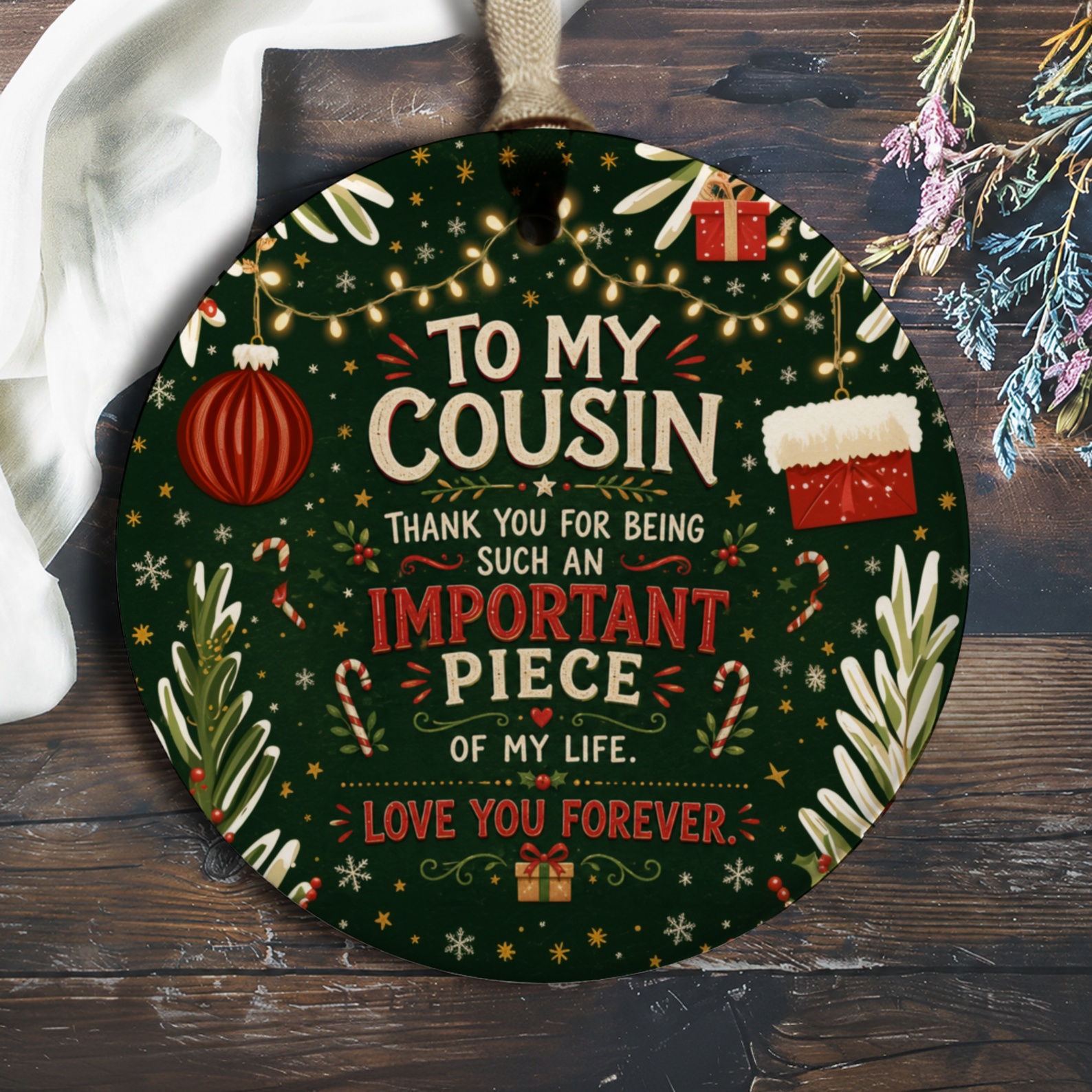 To My Cousin Thank You For Being Such An Important Piece Of My Life Christmas Ornament Love You Forever Gift O713