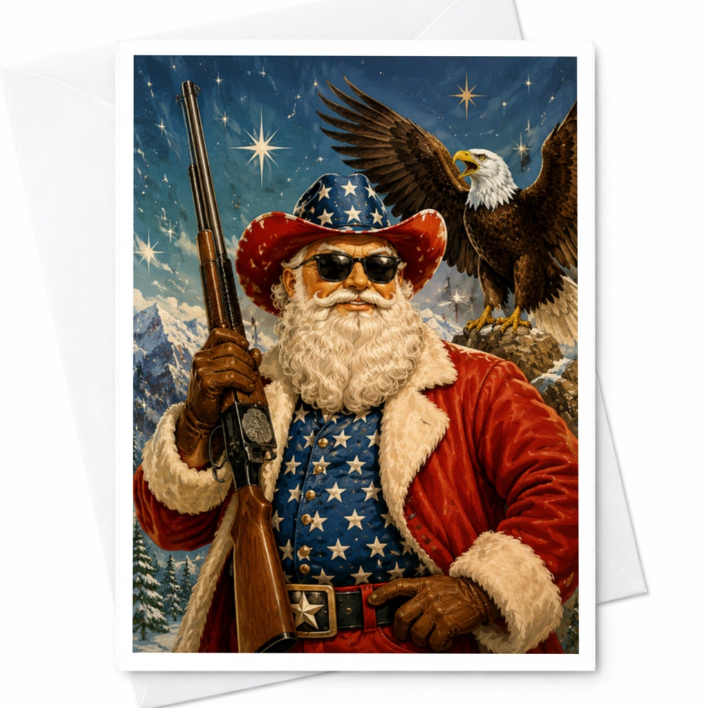 Patriotic Santa With Eagle Christmas Card American Holiday Greeting Card For Him Festive Winter Scene Unique Santa Art C4743