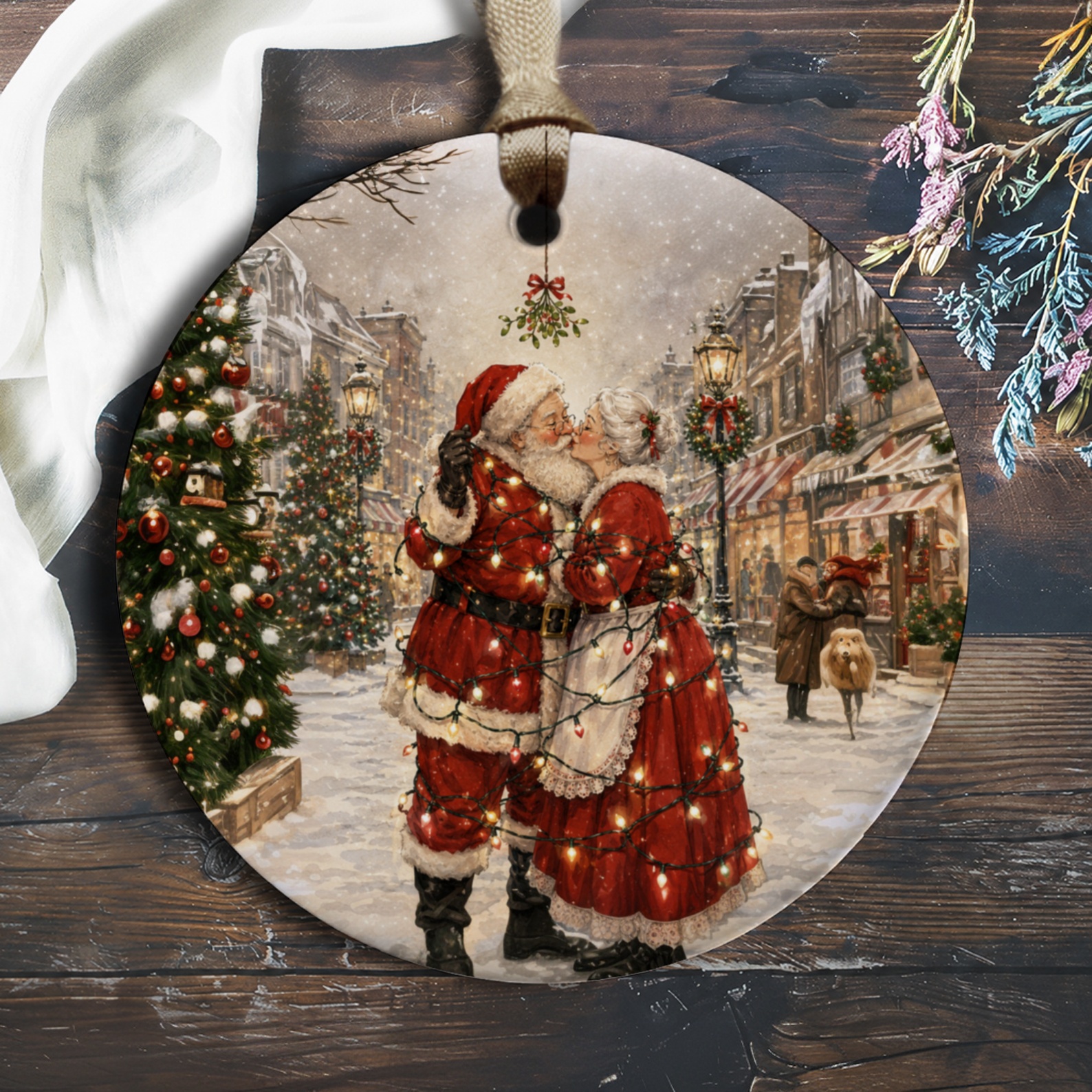 Santa And Mrs. Claus Christmas Ornament Romantic Holiday Decor Festive Winter Scene Under Mistletoe Cute Couple Gift O718