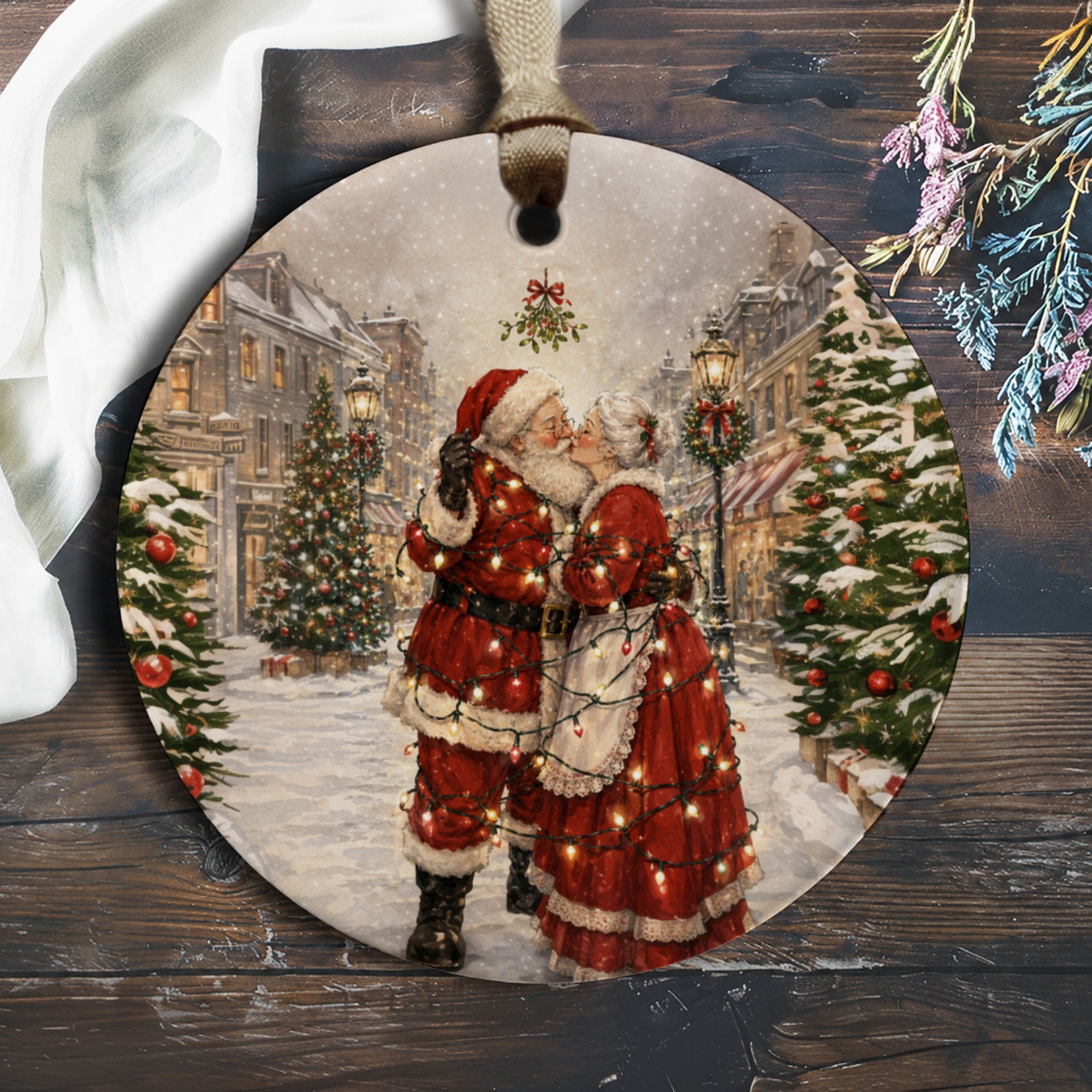 Santa And Mrs. Claus Christmas Ornament Romantic Holiday Decor Festive Winter Scene Under Mistletoe Cute Couple Gift O719