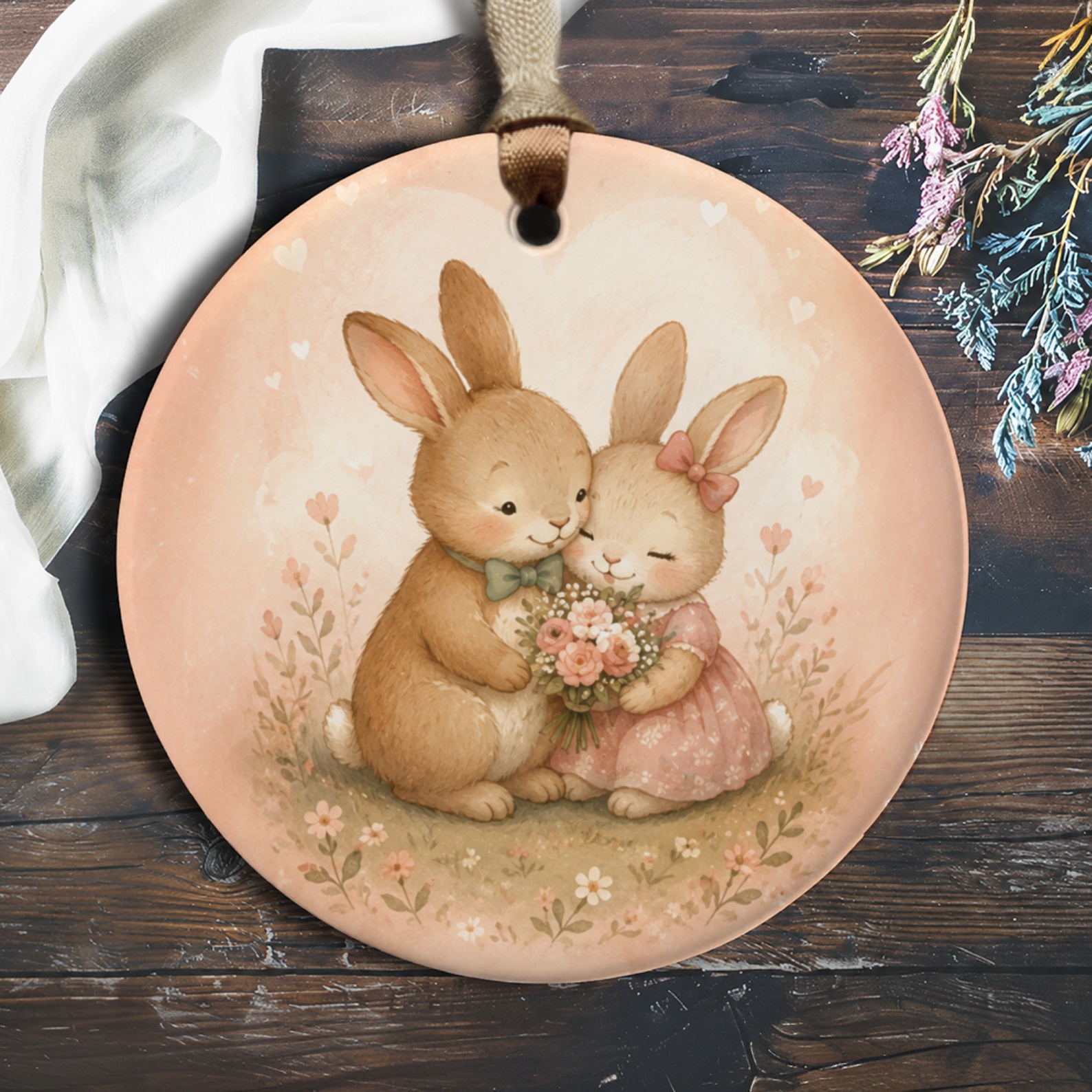 Cute Bunny Couple Ornament Wedding Anniversary Gift Romantic Animal Decor For Couple Love Keepsake Cute Floral O722
