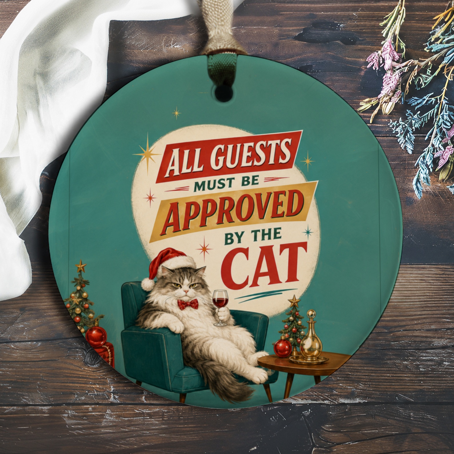All Guests Must Be Approved By The Cat Funny Christmas Ornament Cat Lover Holiday Decor Cute Santa Hat O688