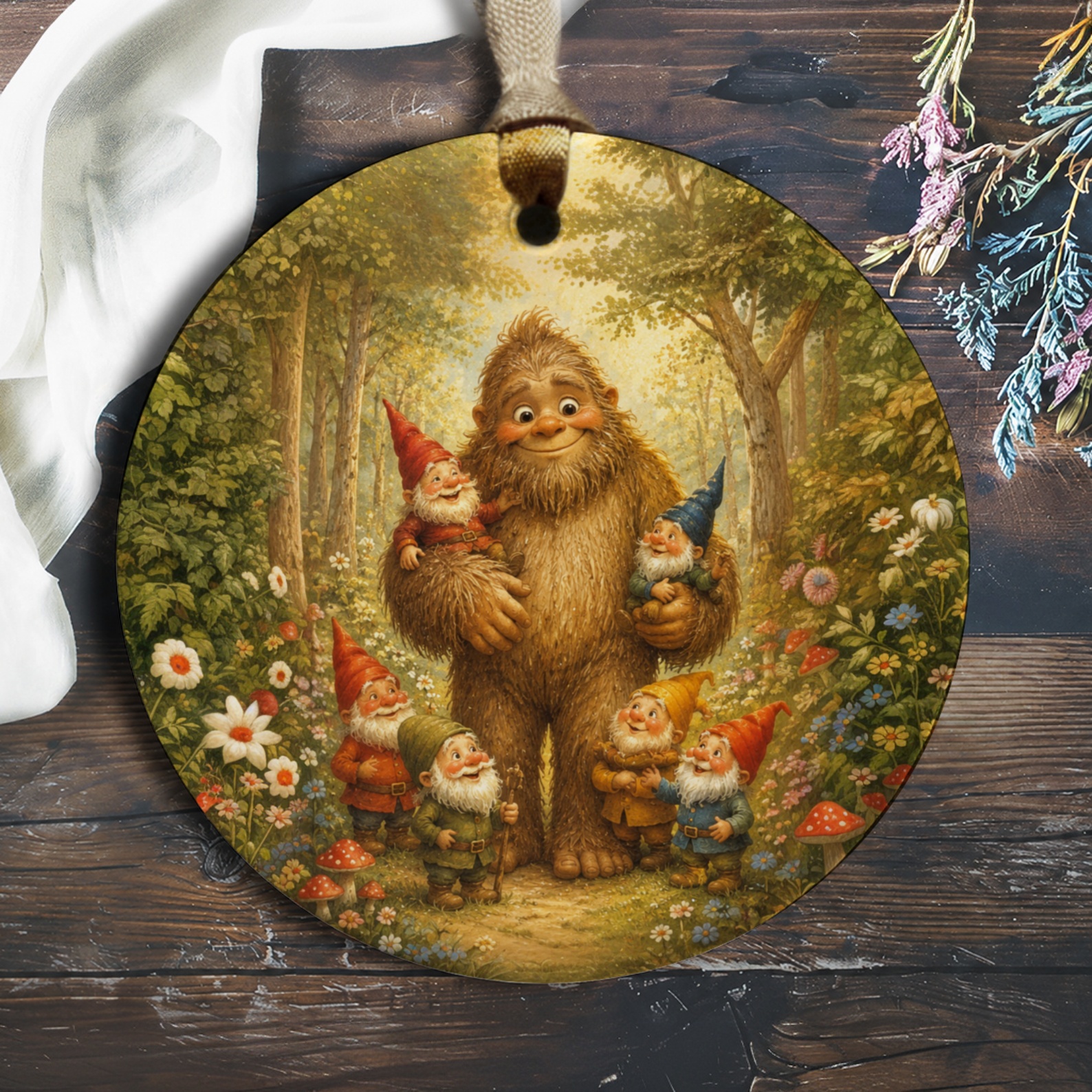 Bigfoot And Gnomes Ornament Whimsical Forest Scene Cute Woodland Decor Fantasy Art Gift For Nature Lovers O708