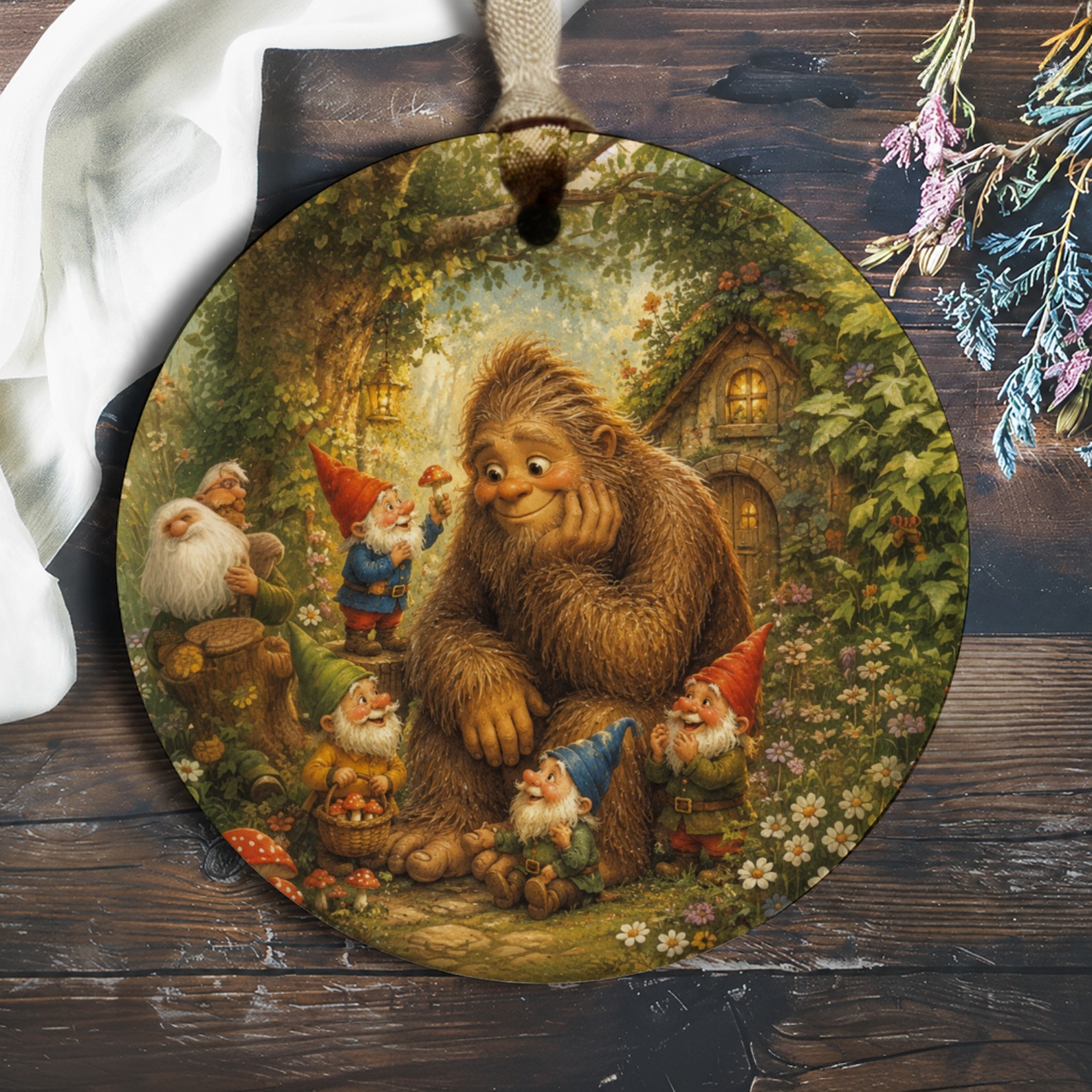 Gnomes And Bigfoot Forest Ornament Whimsical Woodland Decor Fantasy Art Hanging Decoration For Nature Lovers O709