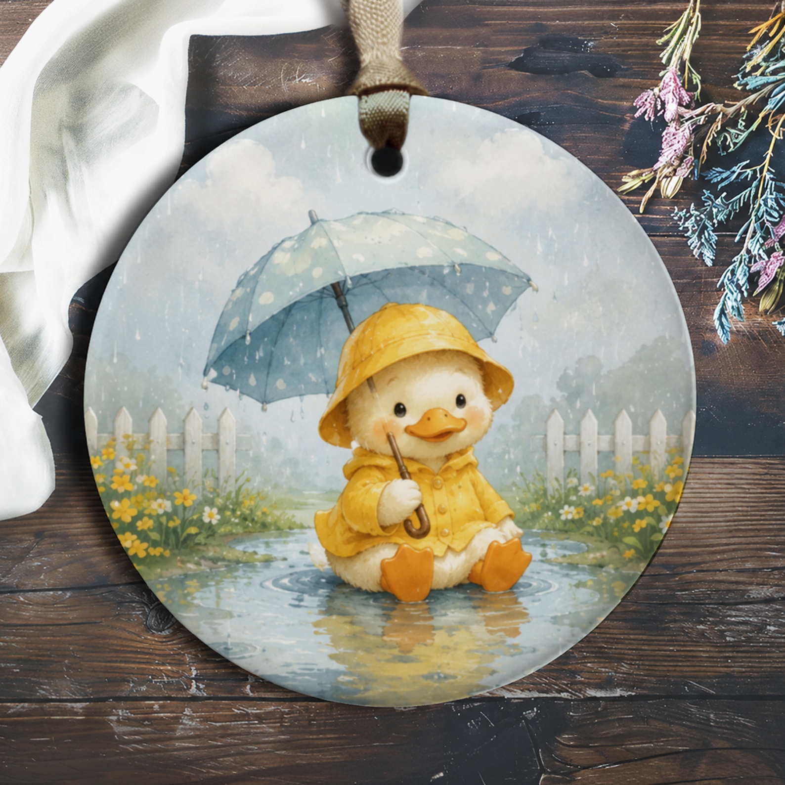 Cute Duck With Umbrella Ornament Adorable Animal Decor Rainy Day Gift For Kids Nursery Decor Watercolor Style O710