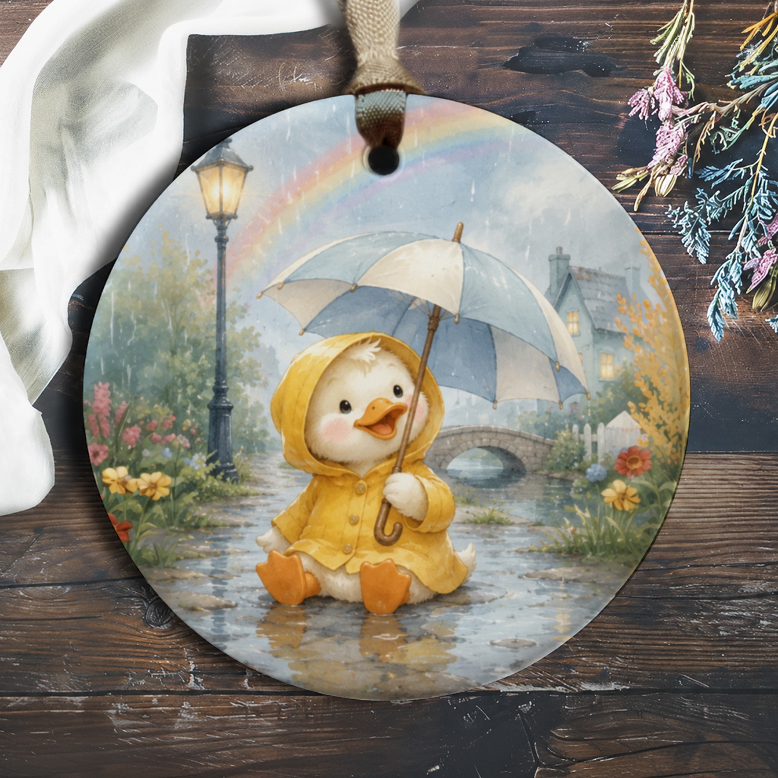 Cute Duck With Umbrella Ornament Rainy Day Decor Adorable Animal Lover Gift Home Decoration For Kids Room Nursery O711