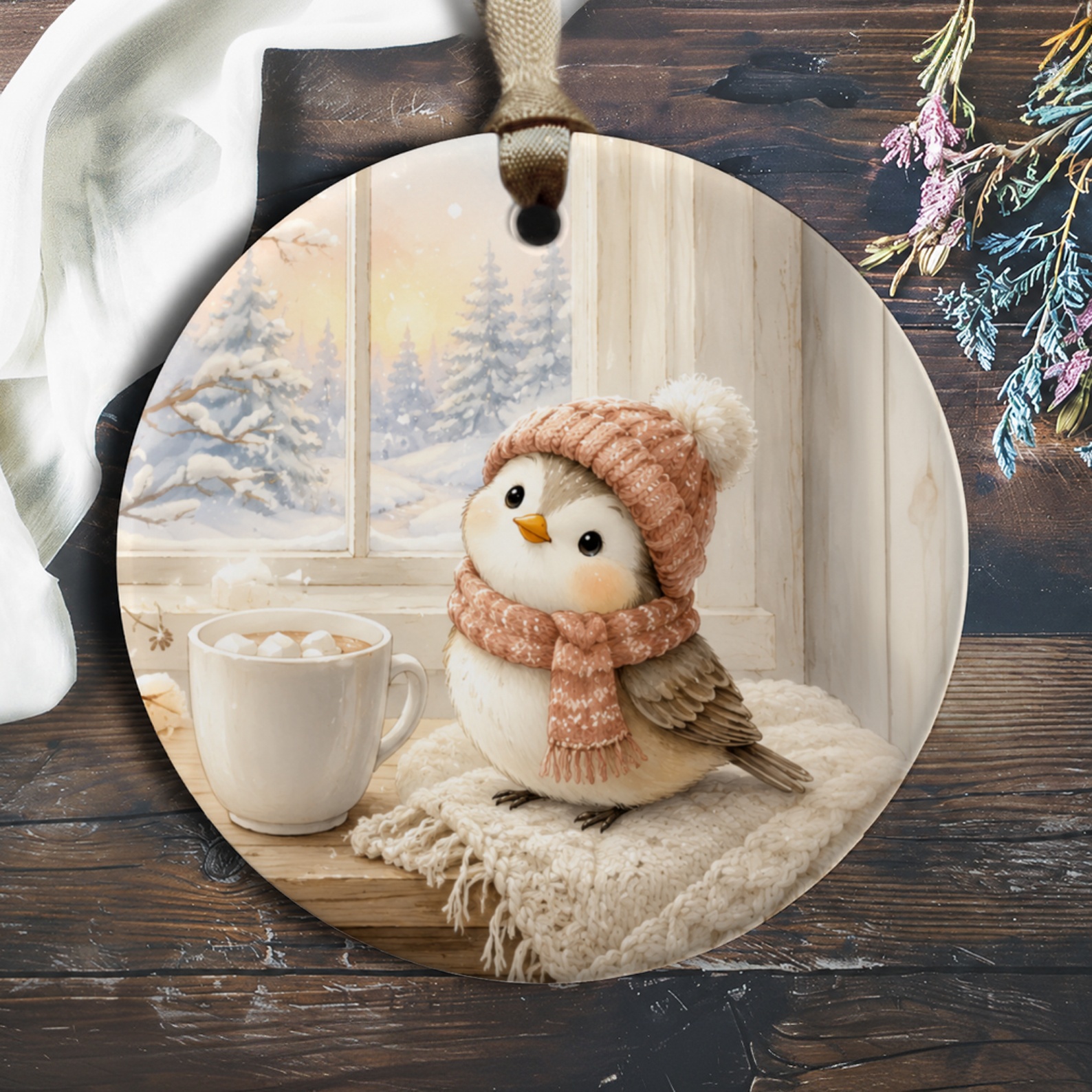 Cute Winter Bird Ornament Christmas Decor Cozy Holiday Decoration Snowy Scene With Hot Cocoa Adorable Gift For Bird Lovers O715