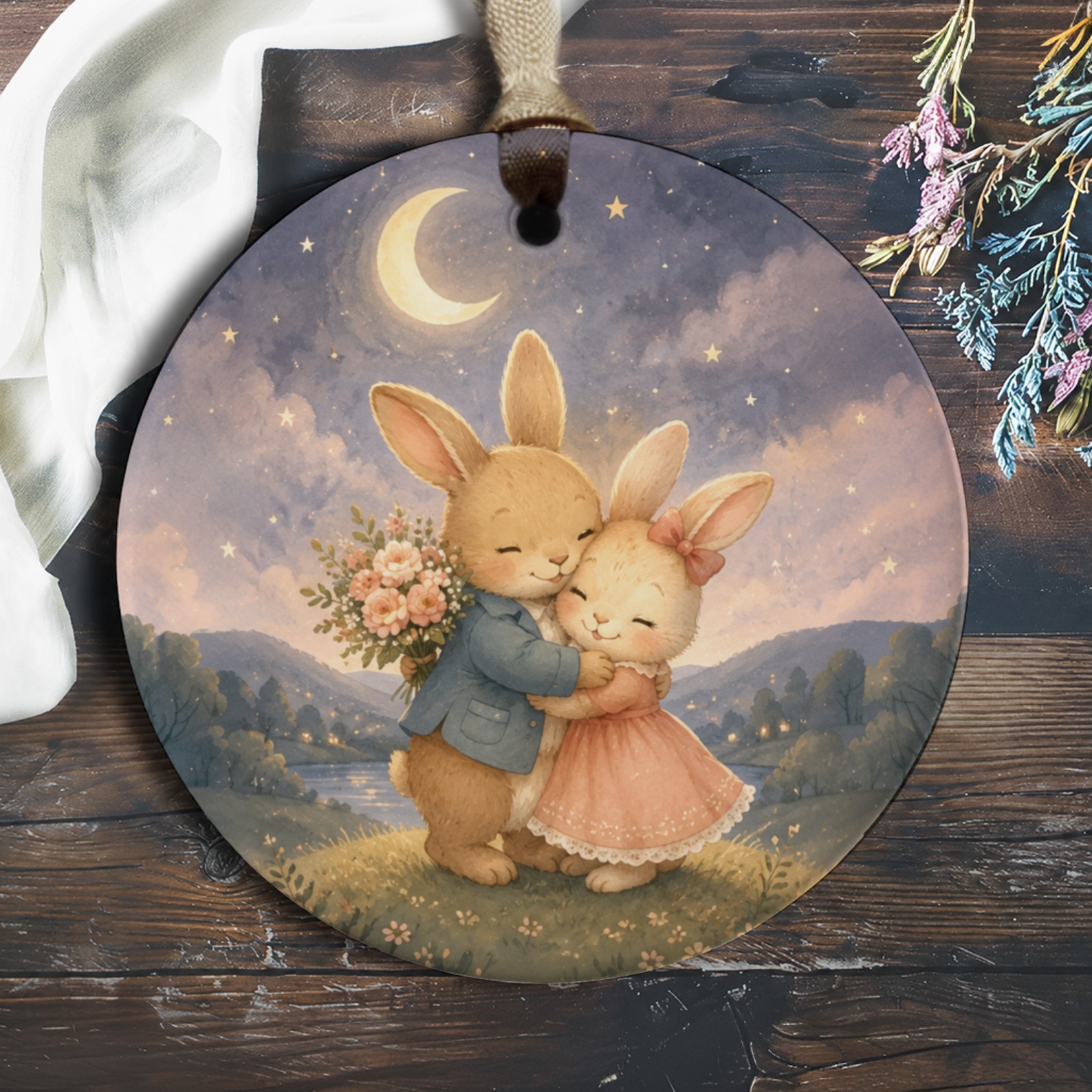 Bunny Couple Ornament Romantic Moonlit Scene Cute Animal Decor Anniversary Wedding Gift For Her Him Love Keepsake O723