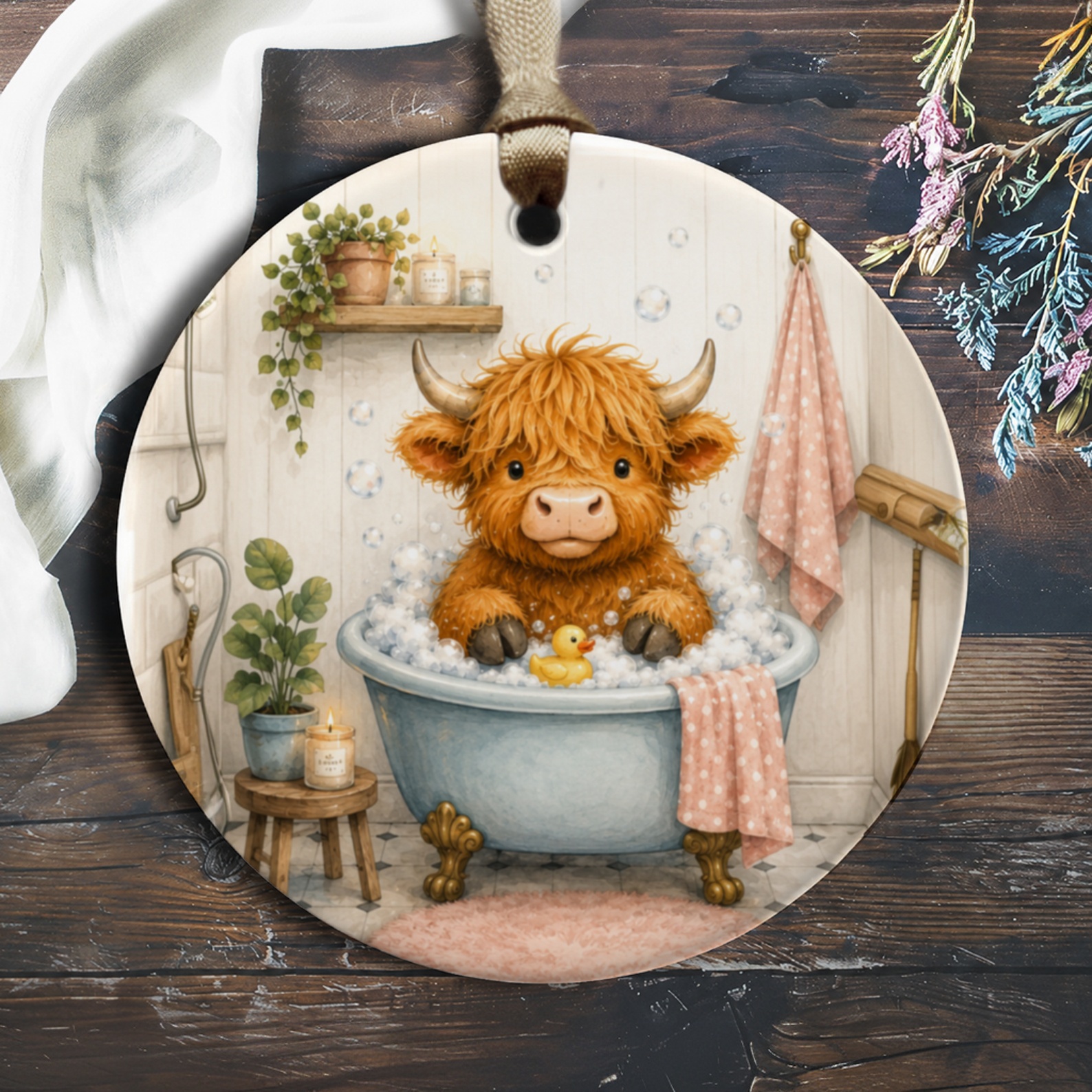 Highland Cow In Bathtub Ornament Cute Animal Decor Farmhouse Style Gift For Animal Lover Bathroom Decor O739