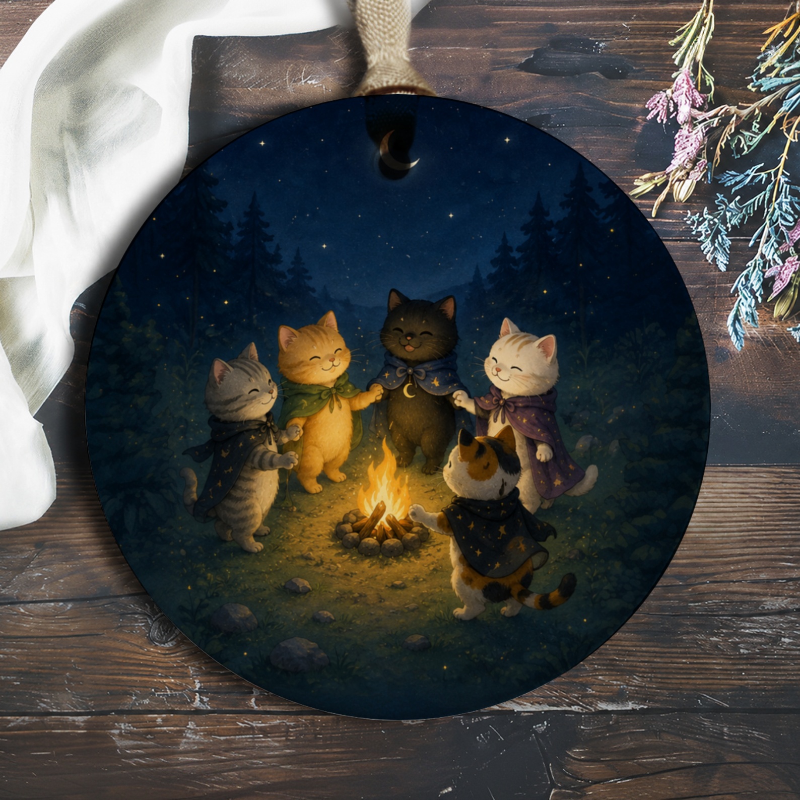 Cute Cats Campfire Ornament Whimsical Animal Decor For Cat Lovers Night Sky Scene Adorable Gift Home Decoration O744