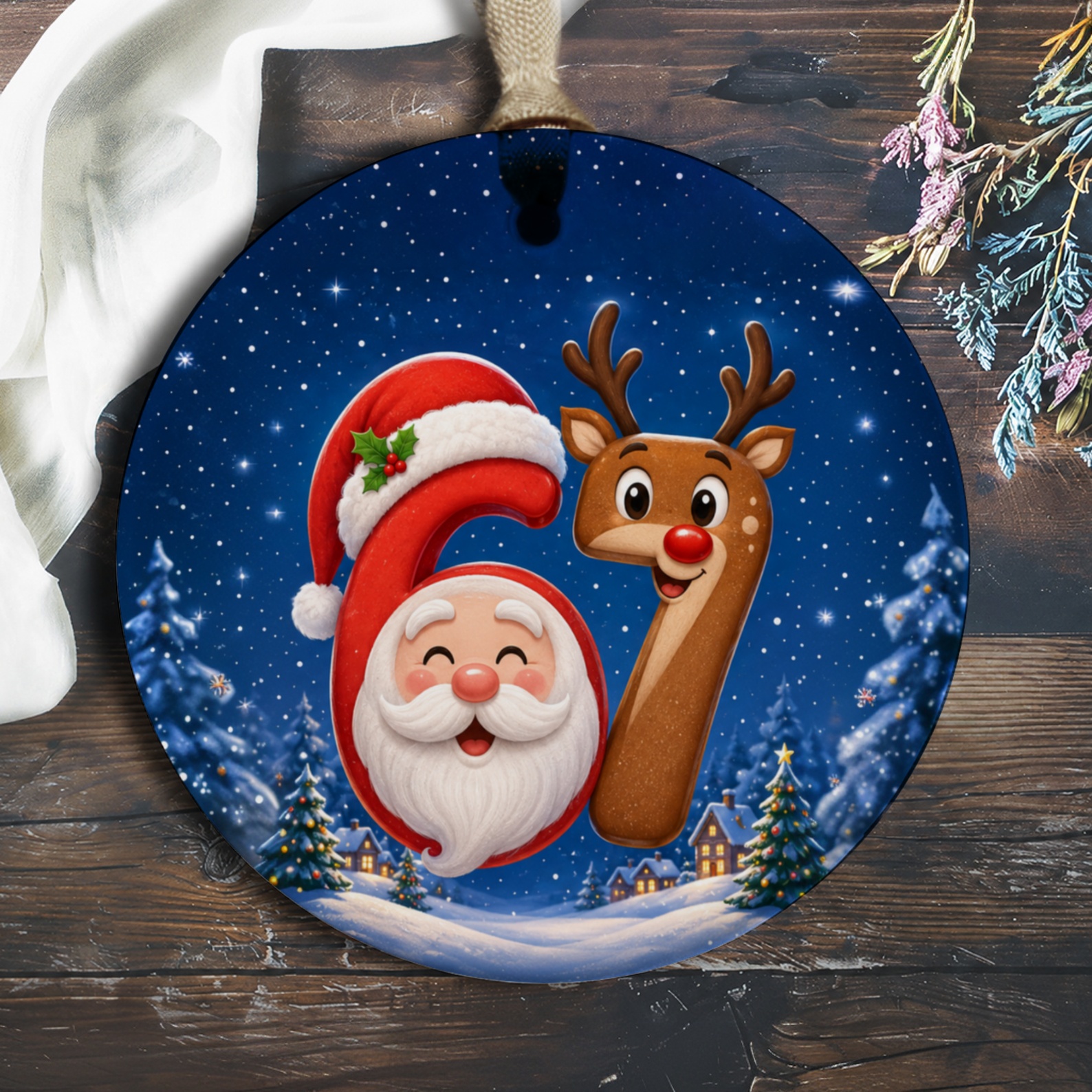 67 Santa And Reindeer Christmas Ornament Festive Holiday Decor Cute Winter Scene Tree Decoration O750