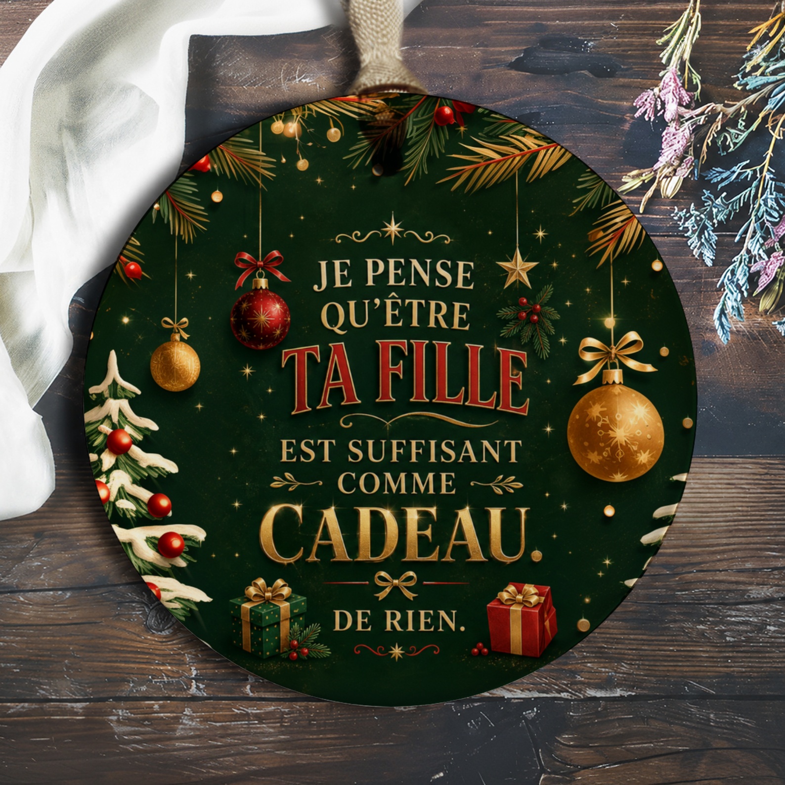 Je Pense Qu'être Ta Fille Est Suffisant Comme Cadeau. De Rien. Funny Christmas Ornament Daughter Gift Holiday Decor O754