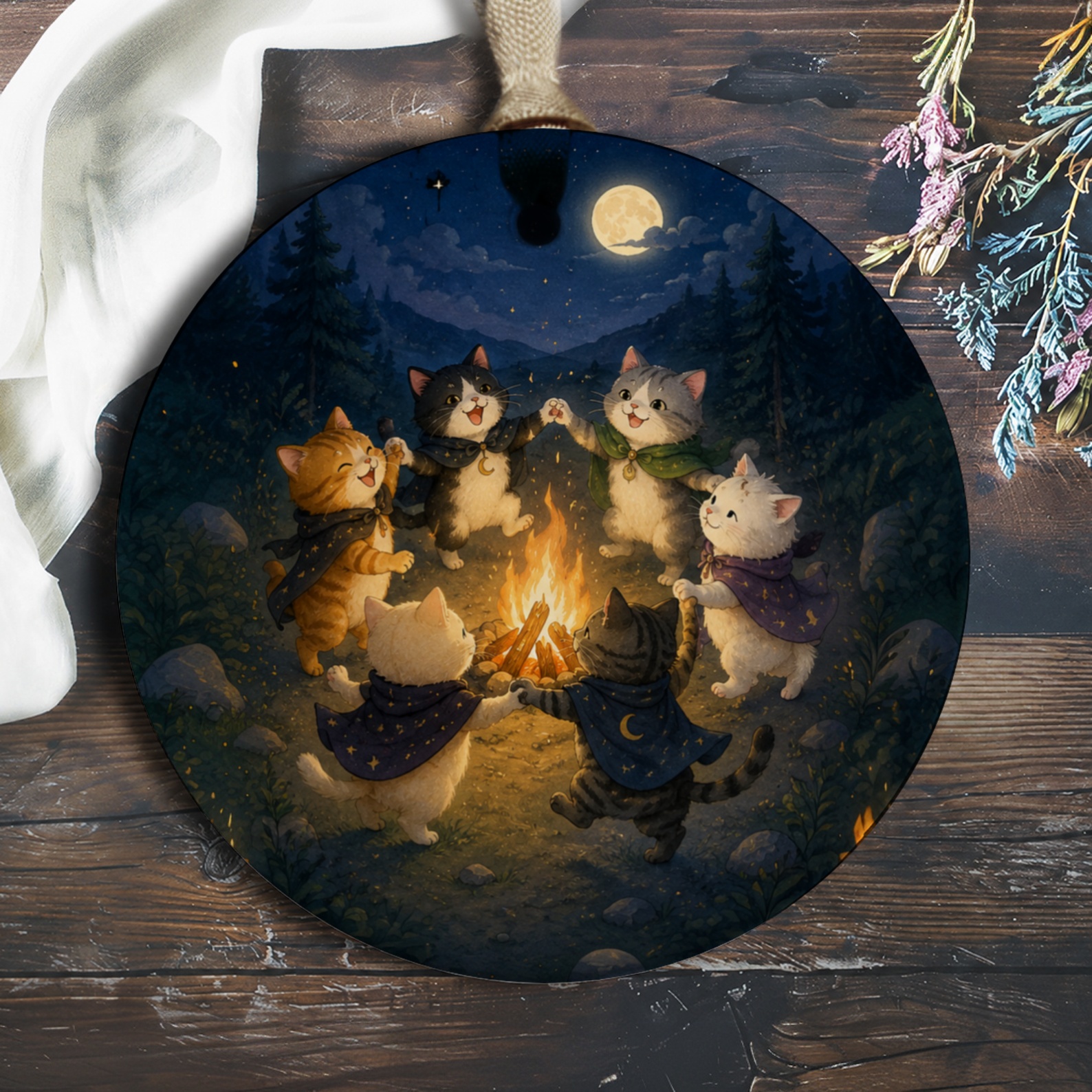 Cute Cats Campfire Ornament Whimsical Animal Decor For Cat Lovers Adorable Night Scene Hanging Decoration Gift O745