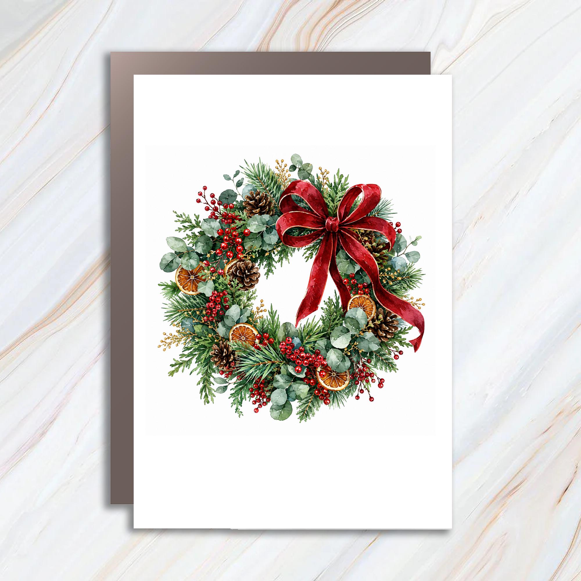 Christmas Wreath Greeting Card Festive Holiday Card With Red Bow Pinecones Berries For Christmas Cheer Winter Season C1060