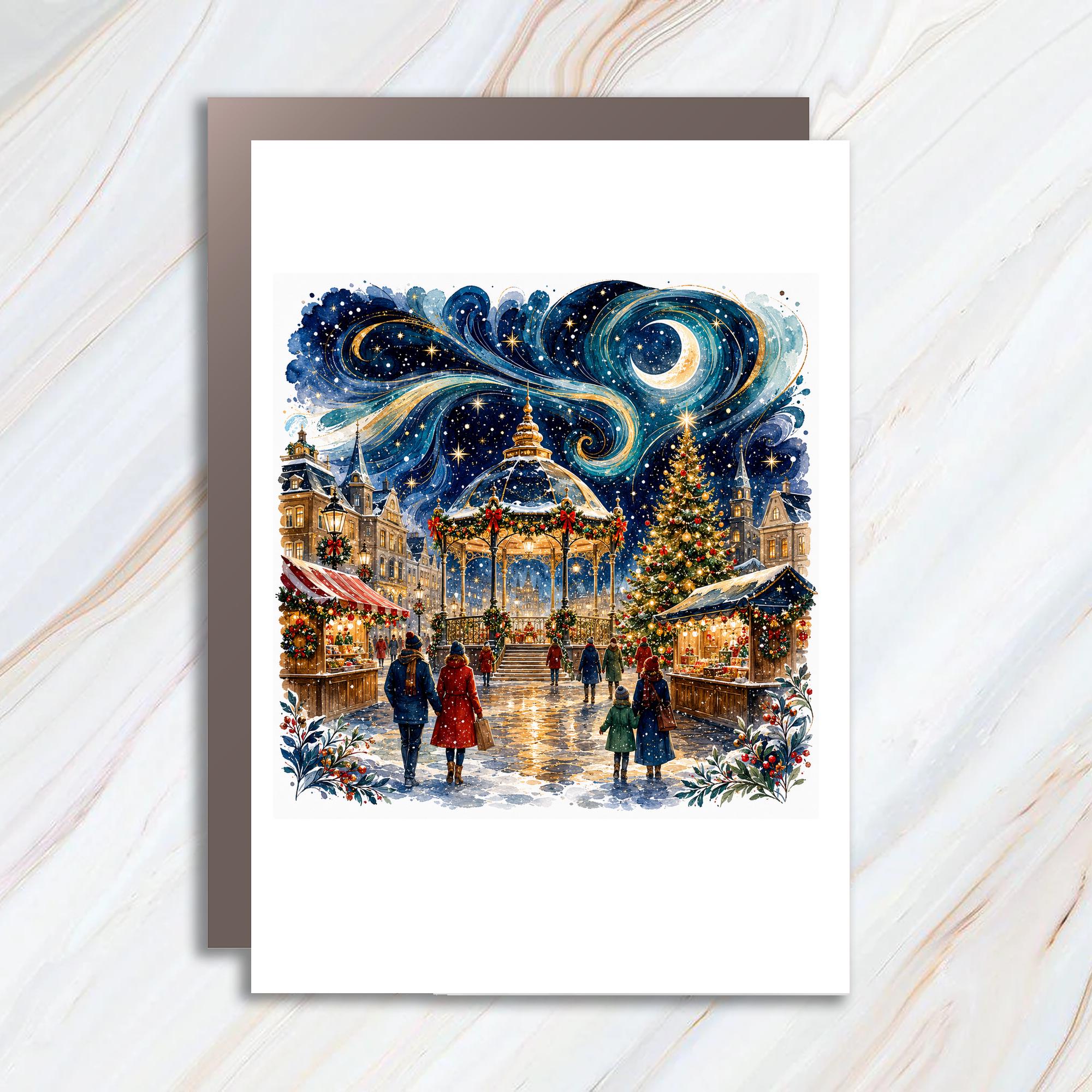 Festive Christmas Market Scene Greeting Card Holiday Winter Wonderland Card For Family Seasonal Art Card Christmas Card C1056