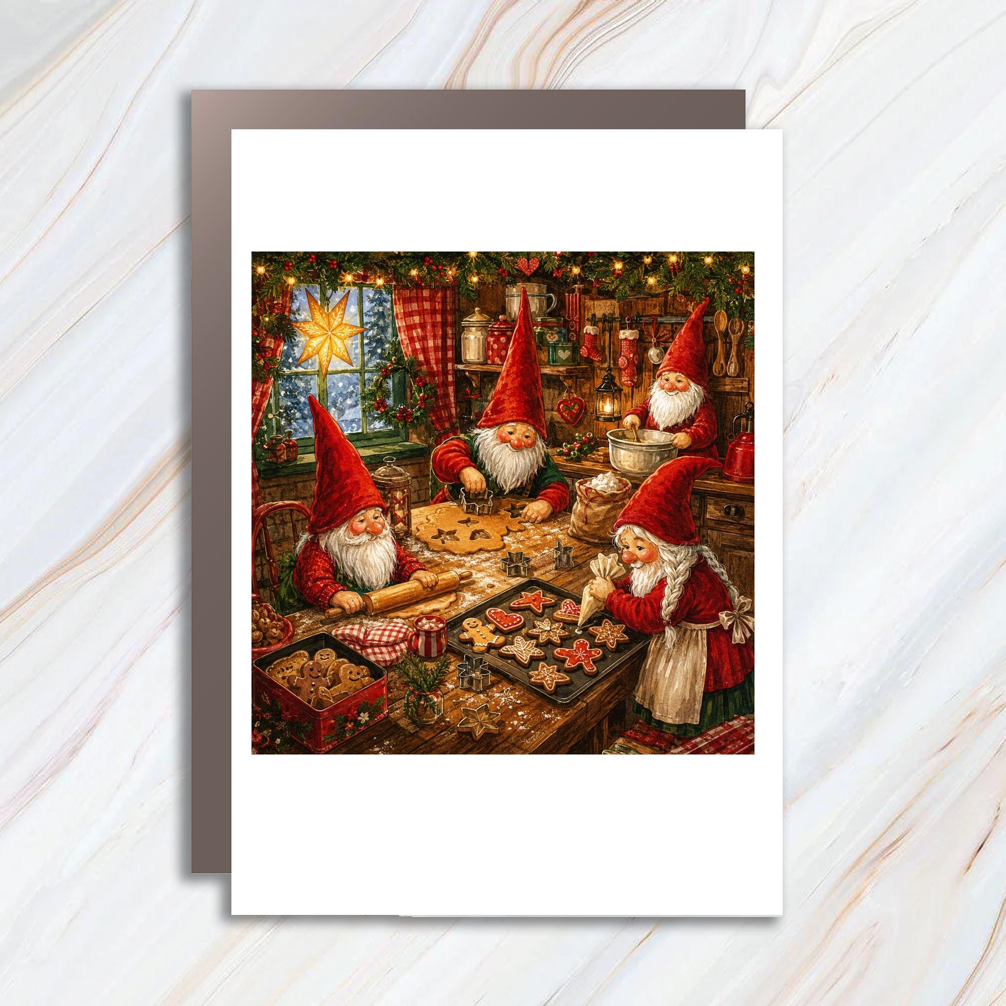Christmas Gnomes Baking Card Festive Holiday Greeting Card Cute Santa Elves Kitchen Scene For Family Friends Xmas Card C1057